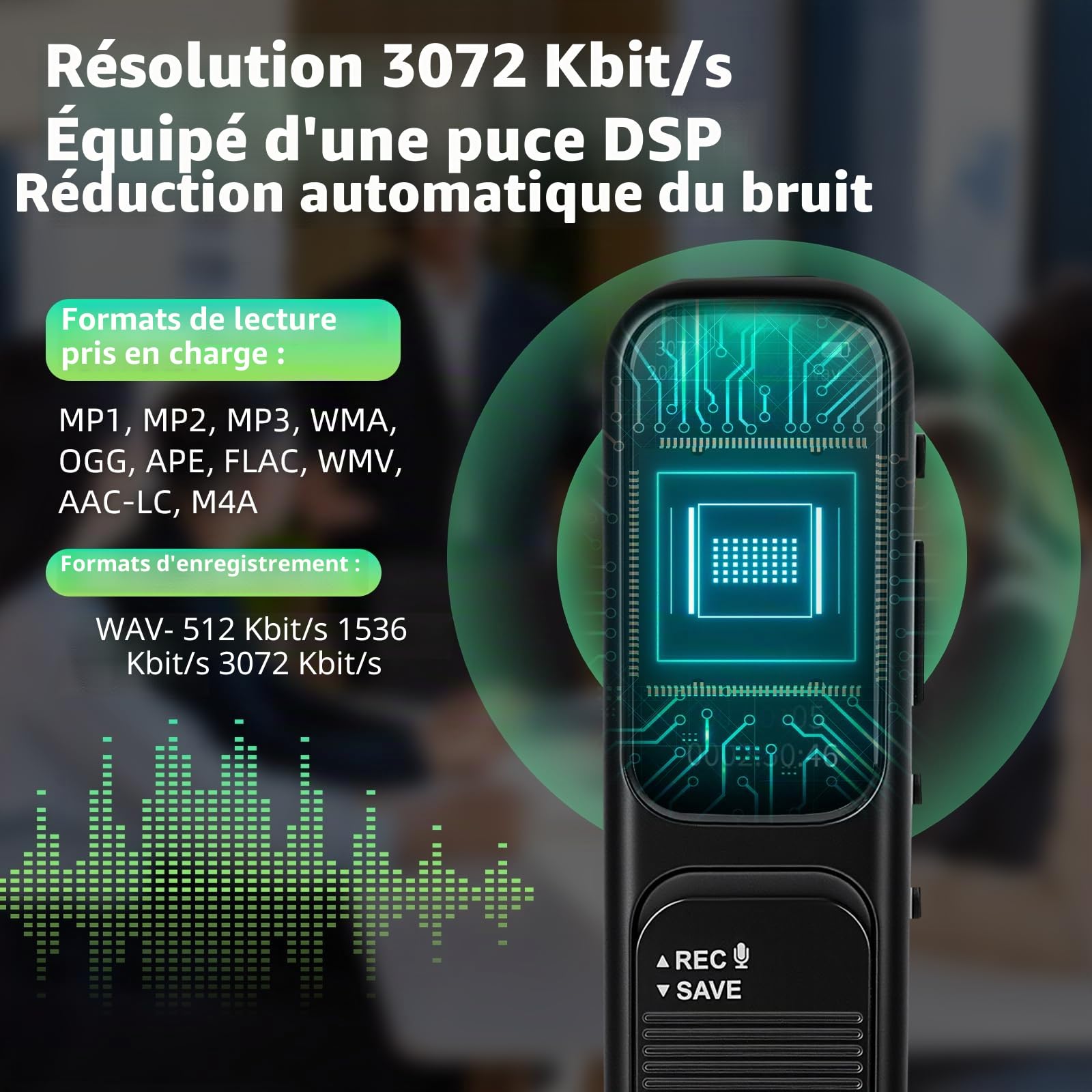 64GB Diaphone Enregistreur Vocale - 3072 Kbps Dictaphone Numérique avec Activation Vocale, Lecture & Réduction du Bruit, Enregistreur Audio pour Appels/Conférence/Interviews/Classes