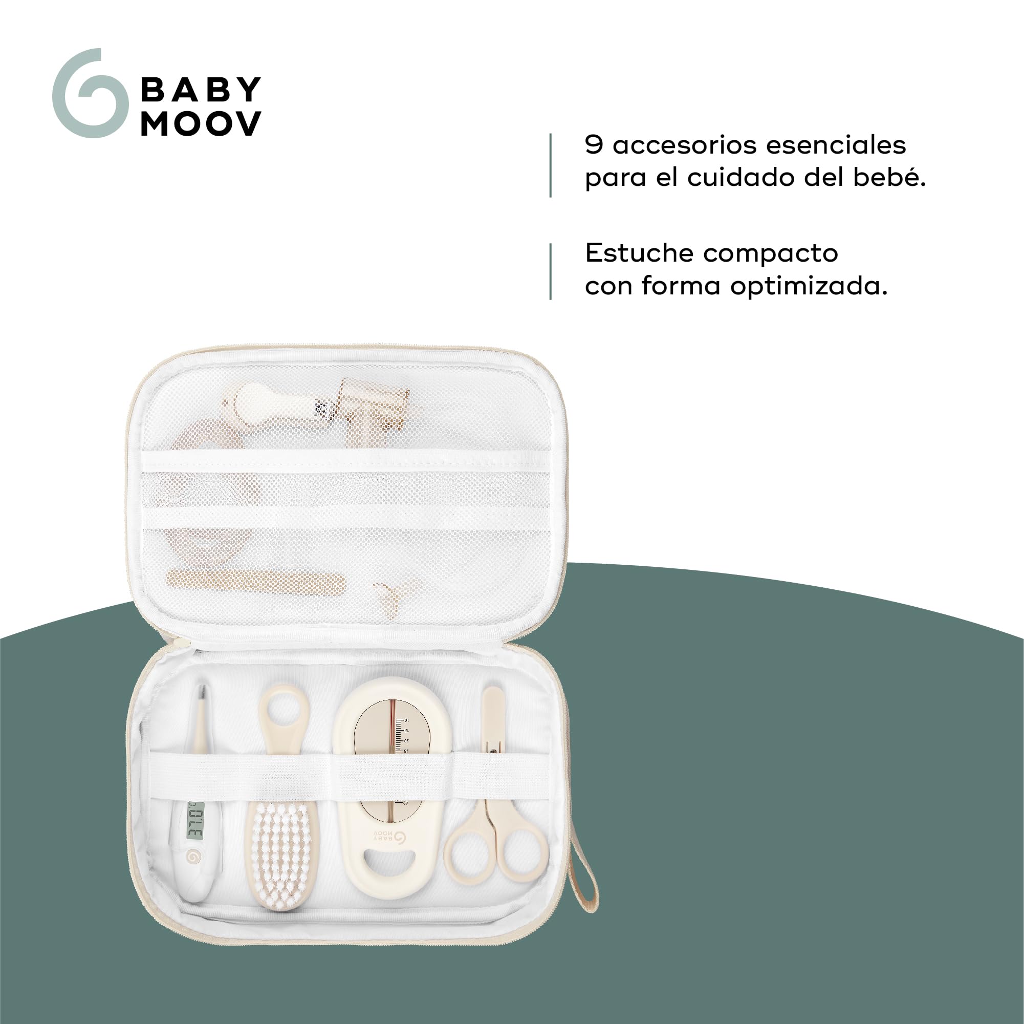 Babymoov Kit para el cuidado del bebé, Compacto, Portátil, Desde el nacimiento, 9 accesorios esenciales que incluyen Cepillo para el Pelo, Termómetro Digital, y de Baño, Cortaúñas, Beige