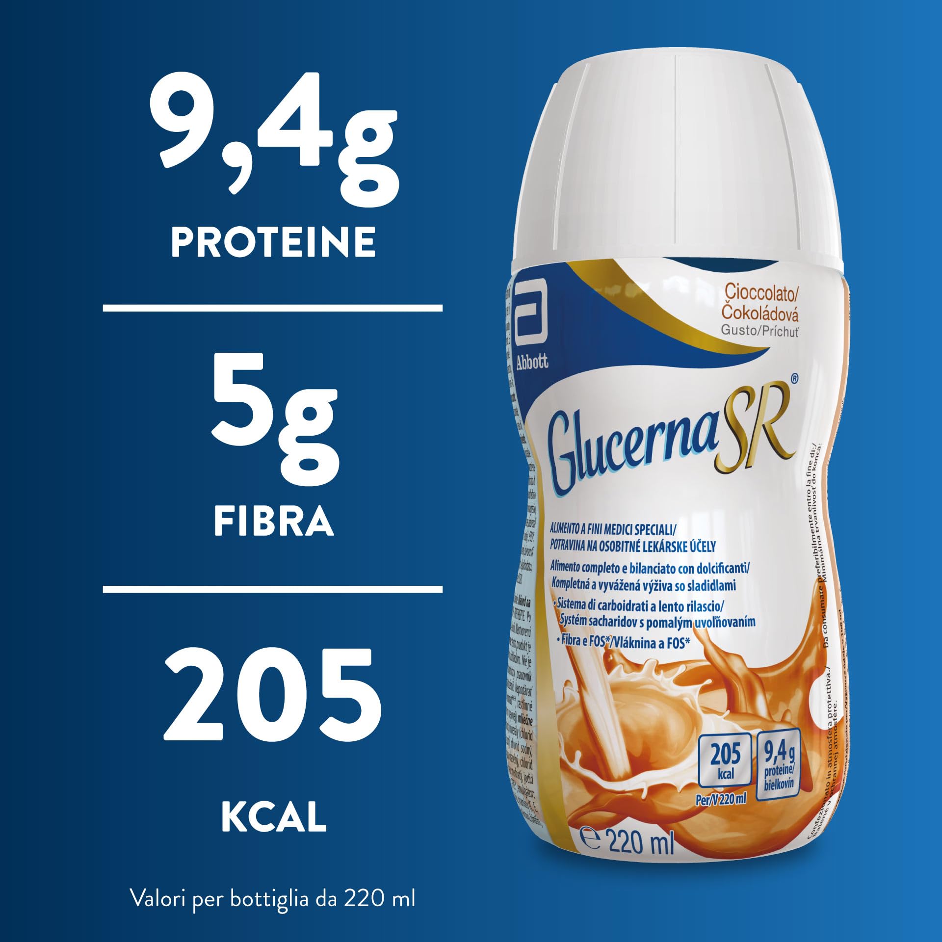 Glucerna SR | Alimento a Fini Medici Speciali Per Diabetici | Confezione 6X220ml | Gusto Cioccolato