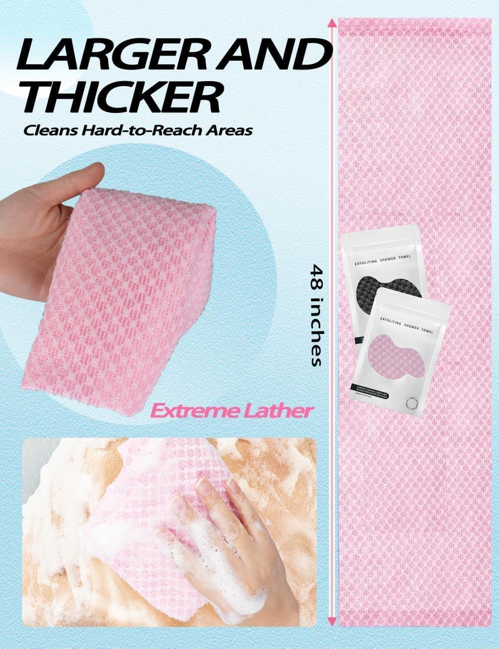 BLISALI Exfoliating Shower Towel 48",Premium Scrub Wash Cloth for Body Face, Exfoliating Washcloth for Men and Woman(Pink) - Image 4