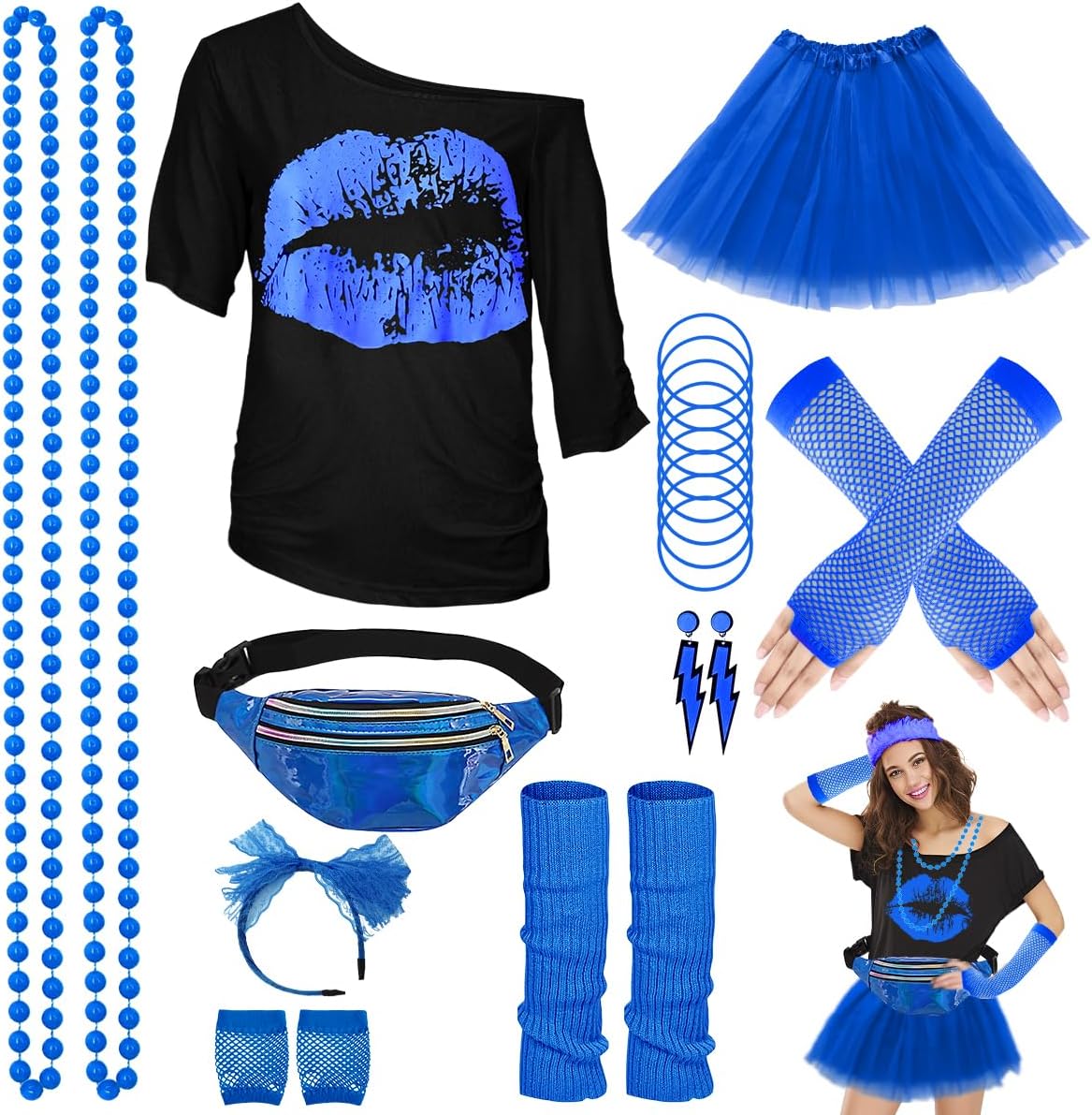 WILDPARTY 80s Costume Accessories for Women, T-Shirt Tutu Fanny Pack Headband Earring Necklace Fishnet Gloves Legwarmers