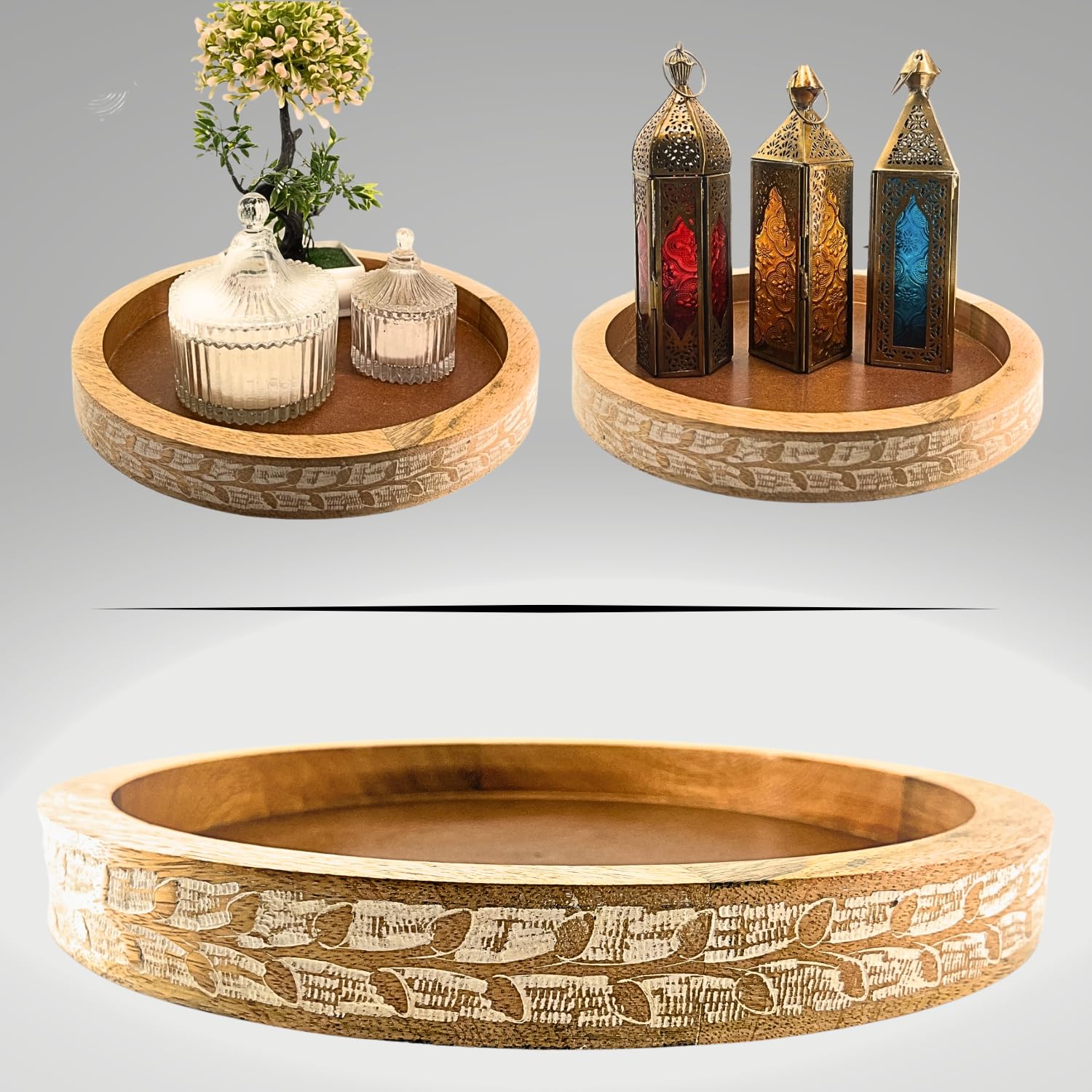 Souq DESIGNS Serving tray Wood Decorative Tray Countertop Round, Christmas plates,Serving platter Wooden - cake tray Serving Plate Stand wooden tray bamboo tray kitchen organizer 31 cms