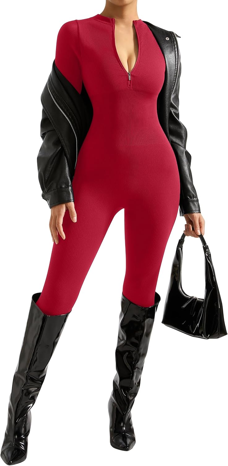 SUUKSESS Women Long Sleeve Ribbed Jumpsuit Zip up Front Workout Bodycon Romper - Image 3