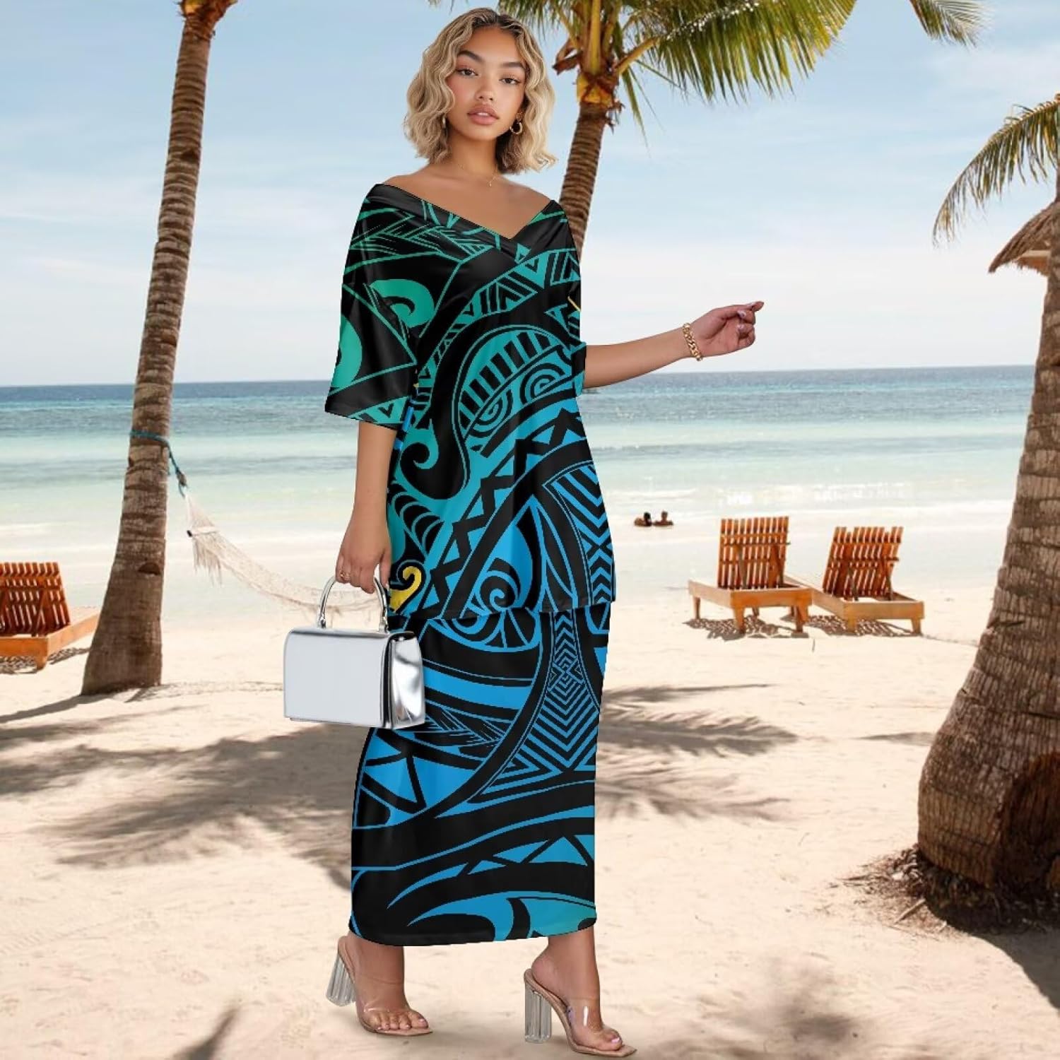 2025 Polynesian Tribal Design Samoan Puletasi Set Ptaha Plus Size Women's Top and Skirts Two Piece Set Dress