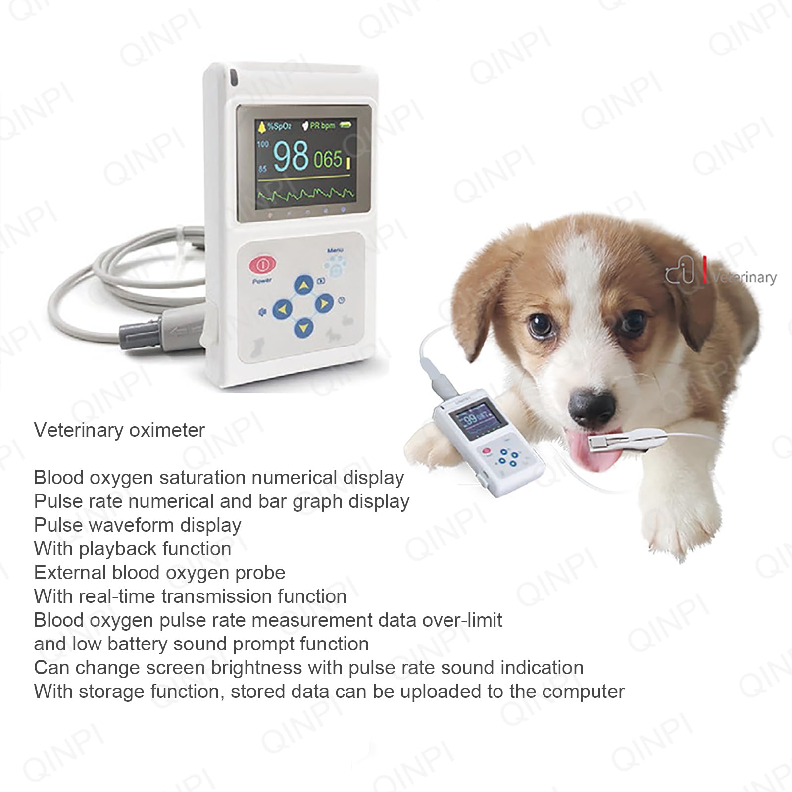 Oxymètre vétérinaire portable, avec sonde et câble USB, capteur SpO2 auriculaire/lingual, moniteur de fréquence cardiaque pour chiens, chats, animaux de compagnie, hôpitaux familiaux et vétérinaires