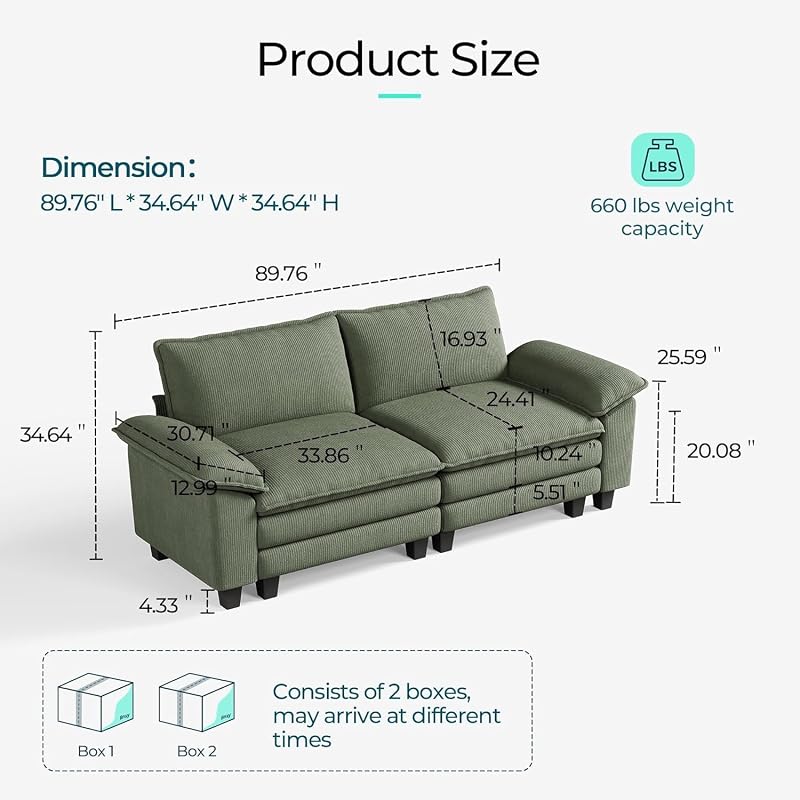 LINSY HOME 90" Modular Cloud Love Seat Sofa, Corduroy Soft Sectional Couch, Modern Comfy Love Seat, Perfect for Living Room, Apartment, Office, Green image 2