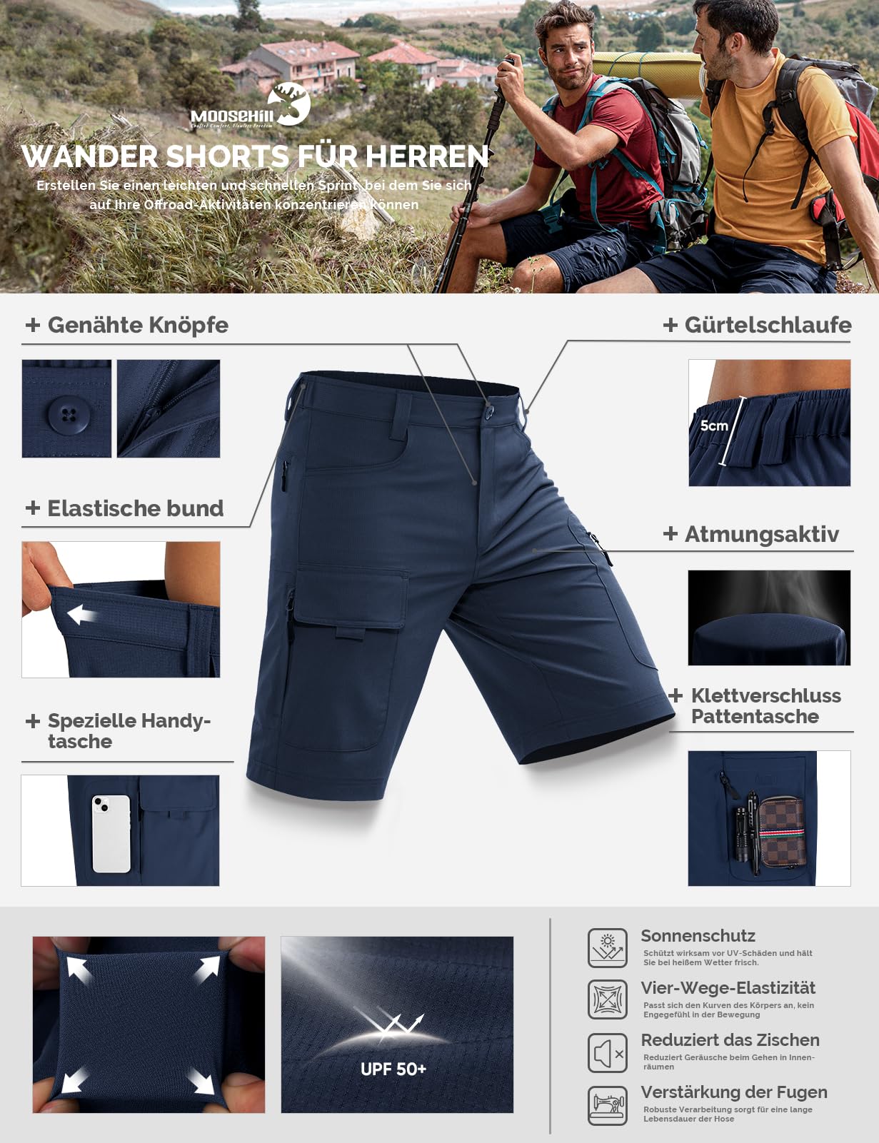 Moosehill Krótkie spodenki męskie, spodnie do wędrówek, cargo, odporne na działanie wody, z 6 kieszeniami, lekkie, oddychające, do jazdy na rowerze, spodnie rowerowe, krótkie bermudy, treking, spodnie