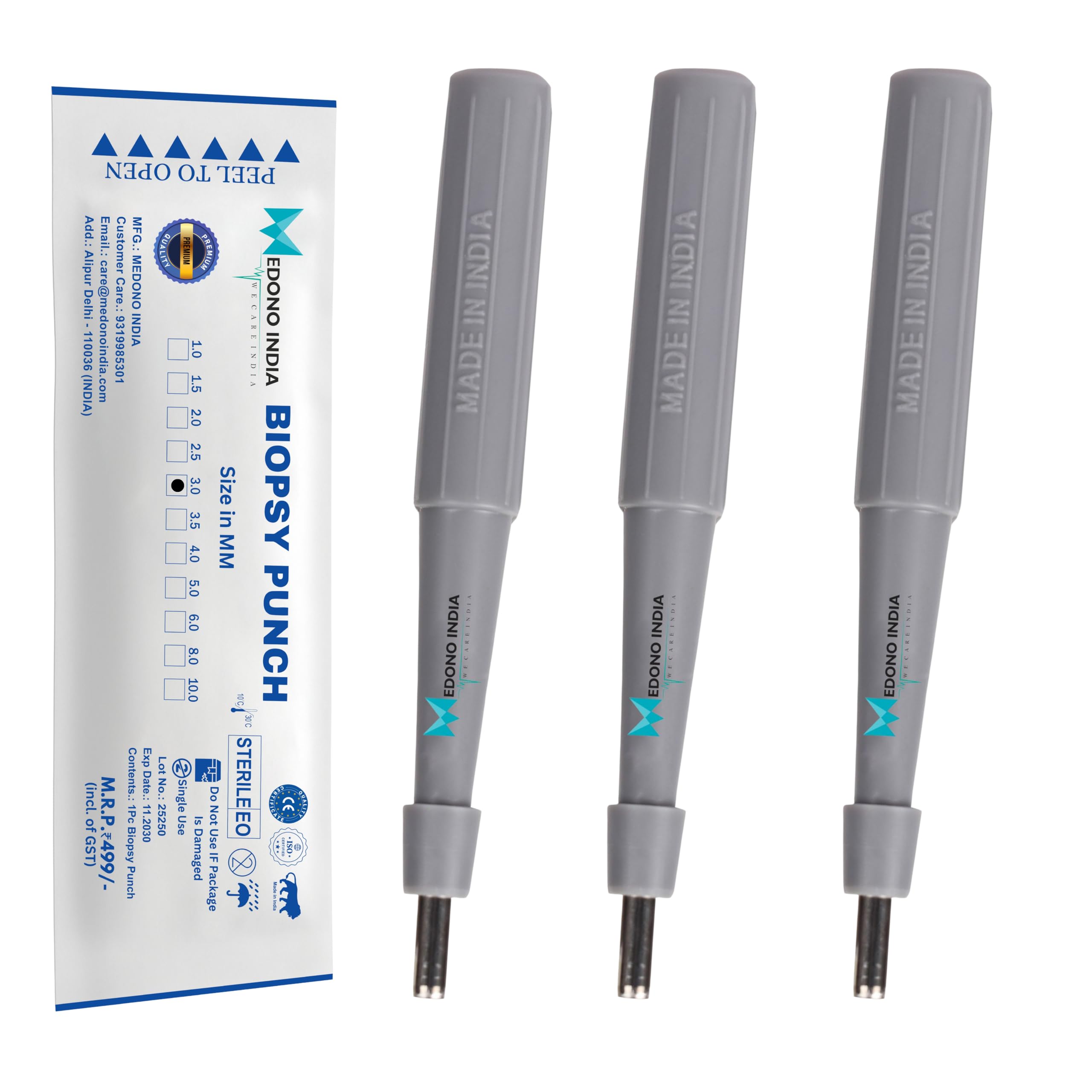 Medono India Disposable Biopsy Punch (Pack of 3) | Stainless Steel Disposable Skin Biopsy Punch | Precision Dermatology Surgical Instrument for Clinical & Hospital Use Individually Packed - Sterile (3.0MM)