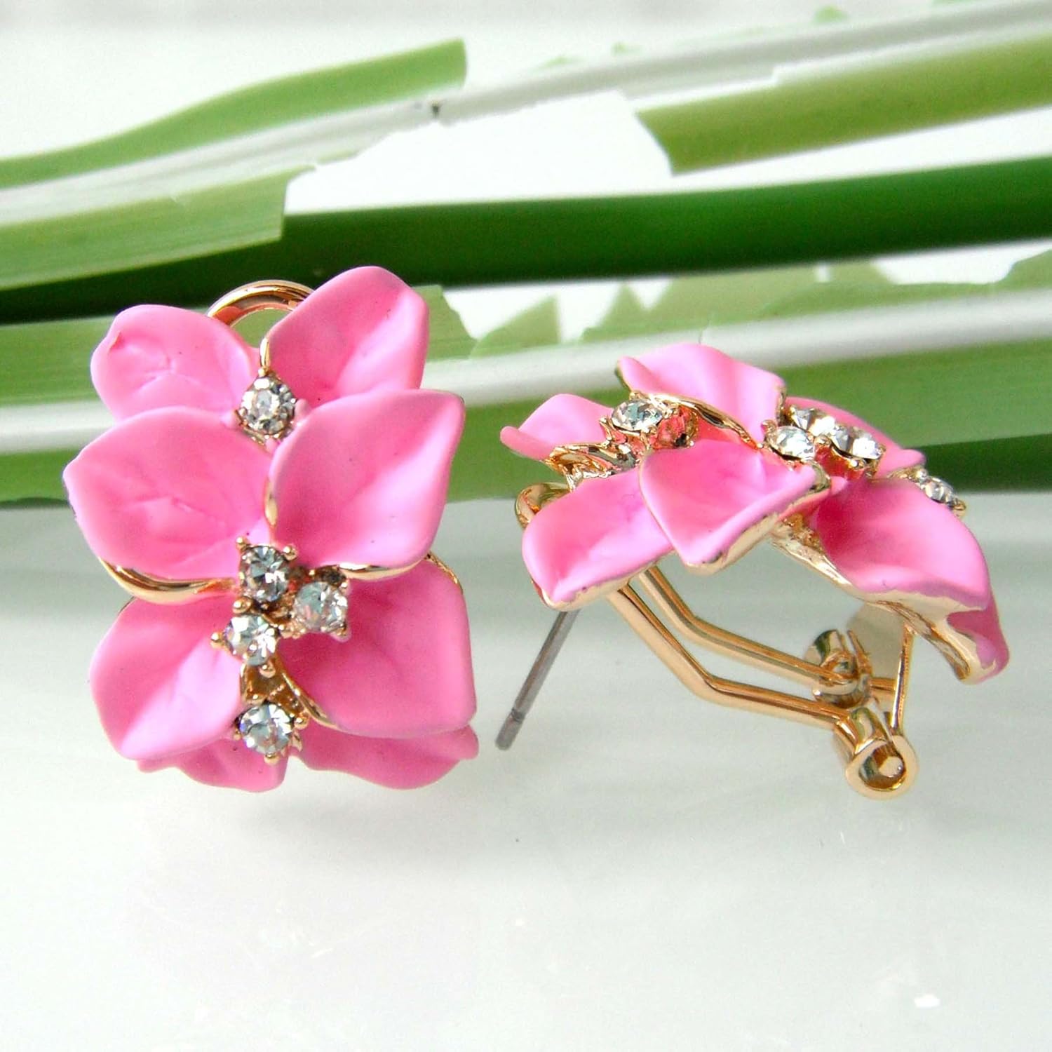 Navachi 18k Gold Plated White Crystal colorful Enamel Leaves Flower Omega Back Earrings - Image 5