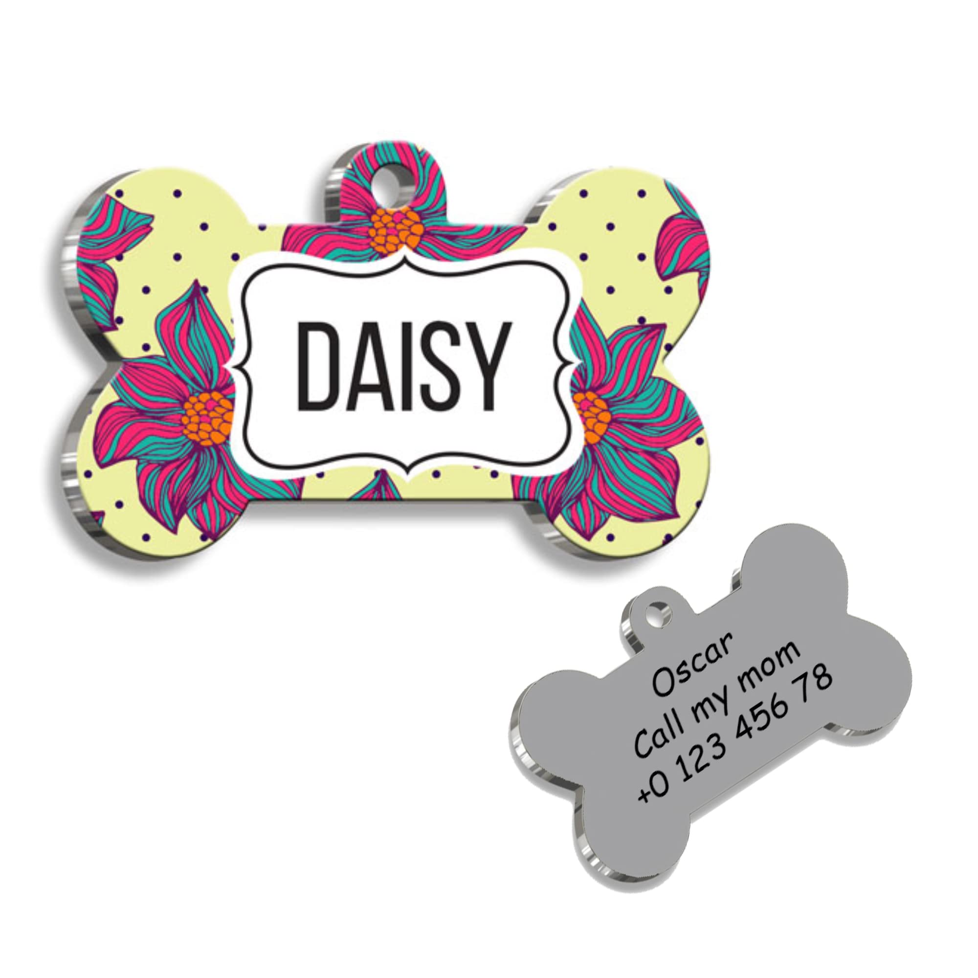 Flower Bone Personalized Dog Tag - Custom Name Tag - ID Tag for Dog & Cat - Customized Pet Tags - Dog Name Tag - Cat Name Tag - Engraved Dog Tag