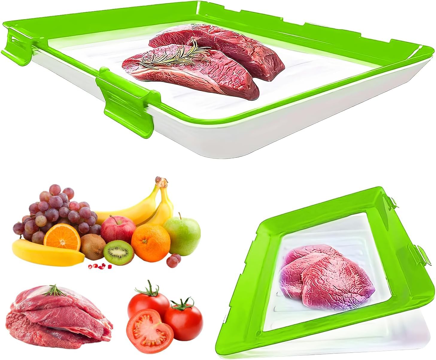 LUPO Stretch Storage Fresh Trays, 12 x 8.6'', Silicone Food Storage Trays, Stackable Reusable Food Tray Container with Lid, Fresh Tray Storage for Food Preservation - GREEN