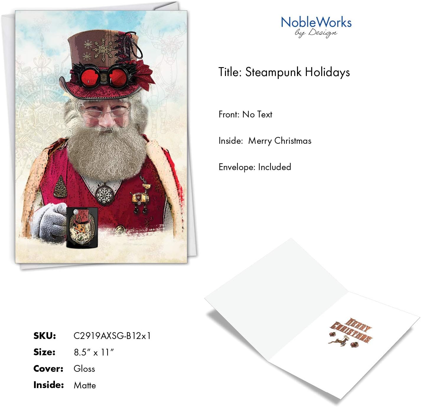 The Best Card Company - 12 Merry Christmas Cards with Envelopes - Boxed Cards with Santa Claus, Vintage Holiday Greetings (1 Design, 12 Cards) - Steampunk Holidays C2919AXSG-B12x1