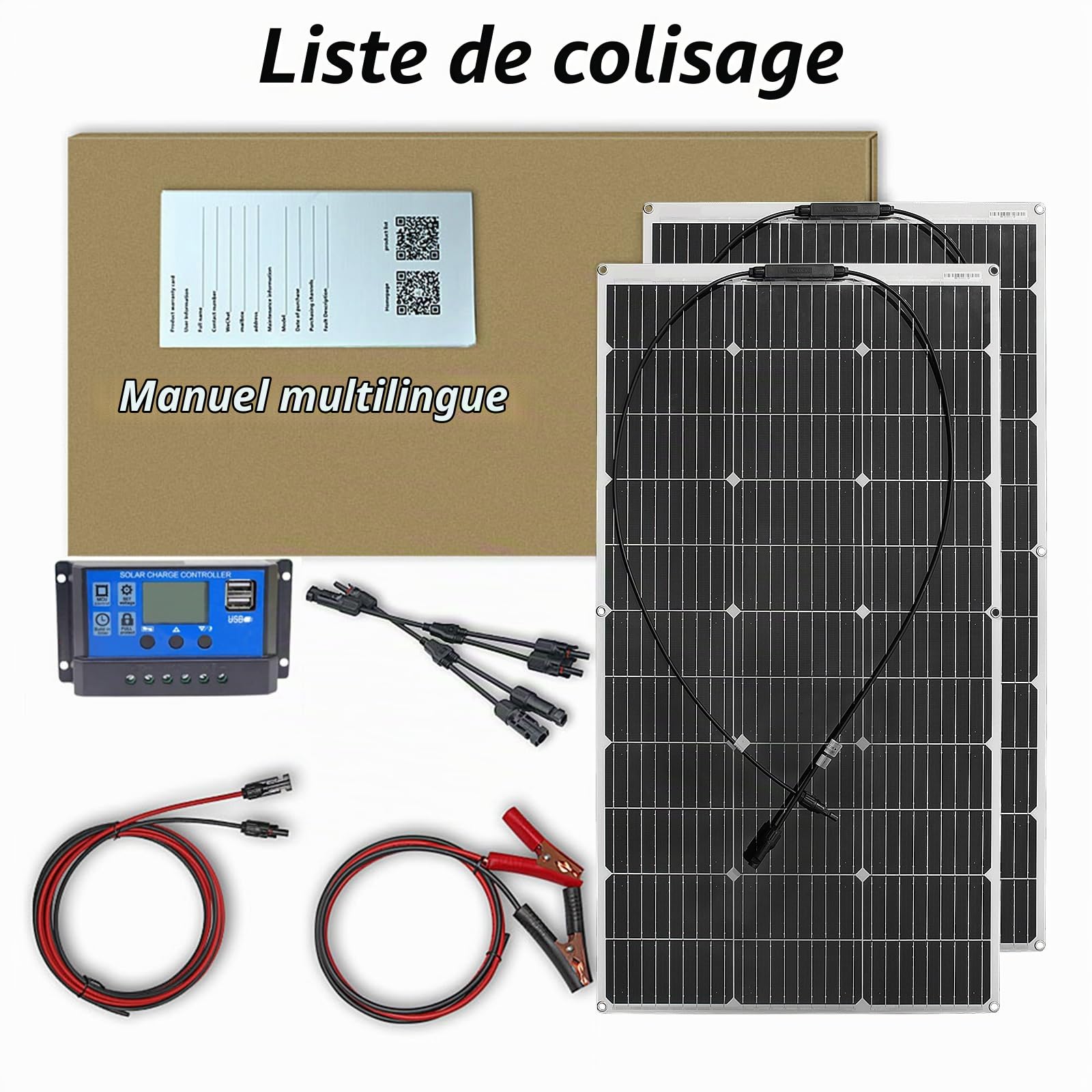 Kit de panneaux solaires flexibles 200W 2 * 100W 12V Contrôleur de panneaux photovoltaïques à cristaux Monokristallines 20a, pour batteries de charge 12V - RV, Caravane, Bateaux, Toits.