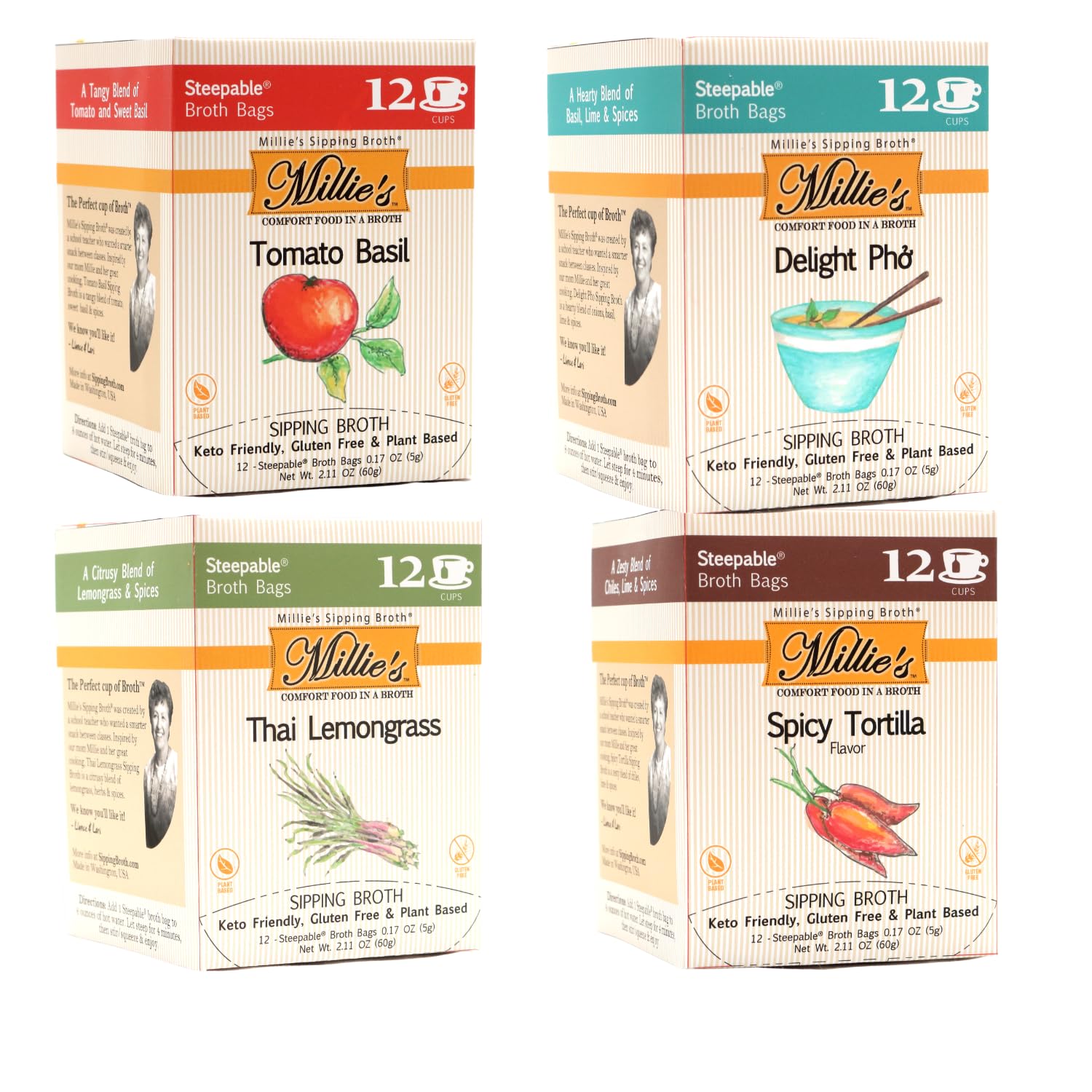 MILLIE'S SIPPING BROTH Steepable Vegetable Broth with Savory Seasonings for Snack Urges | Vegan, Keto, Gluten Free, Intermittent Fasting, and natural