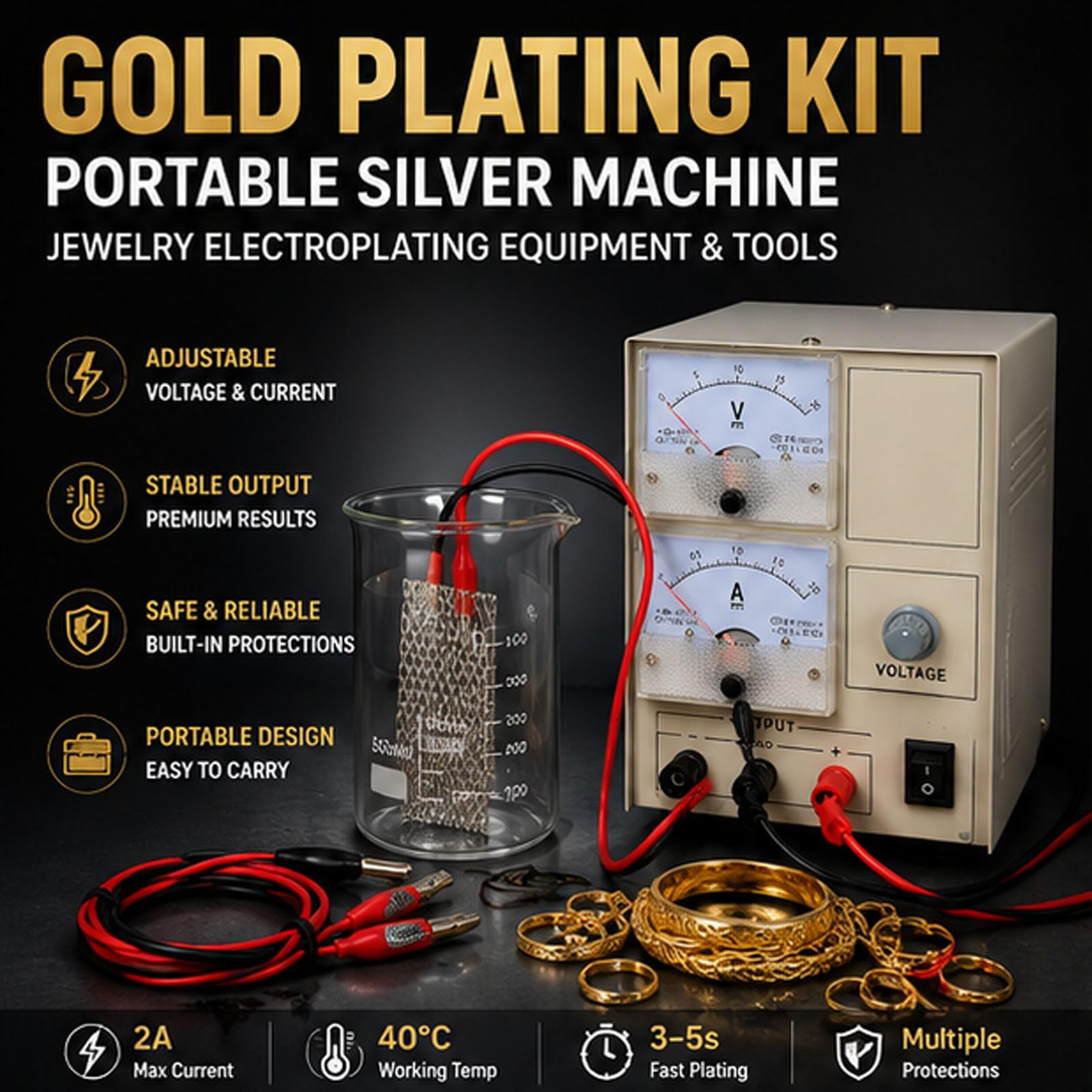 2026 Nouvelle Machine de plaquage d'or d'argent Portable, kit de plaquage d'or d'argent de Bijoux 2A avec Fil conducteur et Maille de Titane, Verre, Outil d'équipement de plaquage à Tension réglable
