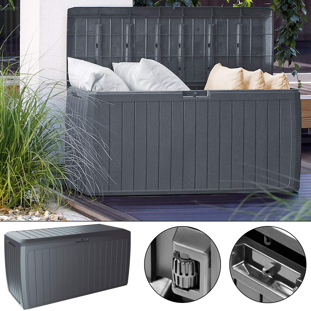 Casaria® Baule da Giardino 117x47x60cm Aspetto Legno 290L Box Multiuso Multibox Cuscini 6 Ruote Coperchio Esterno