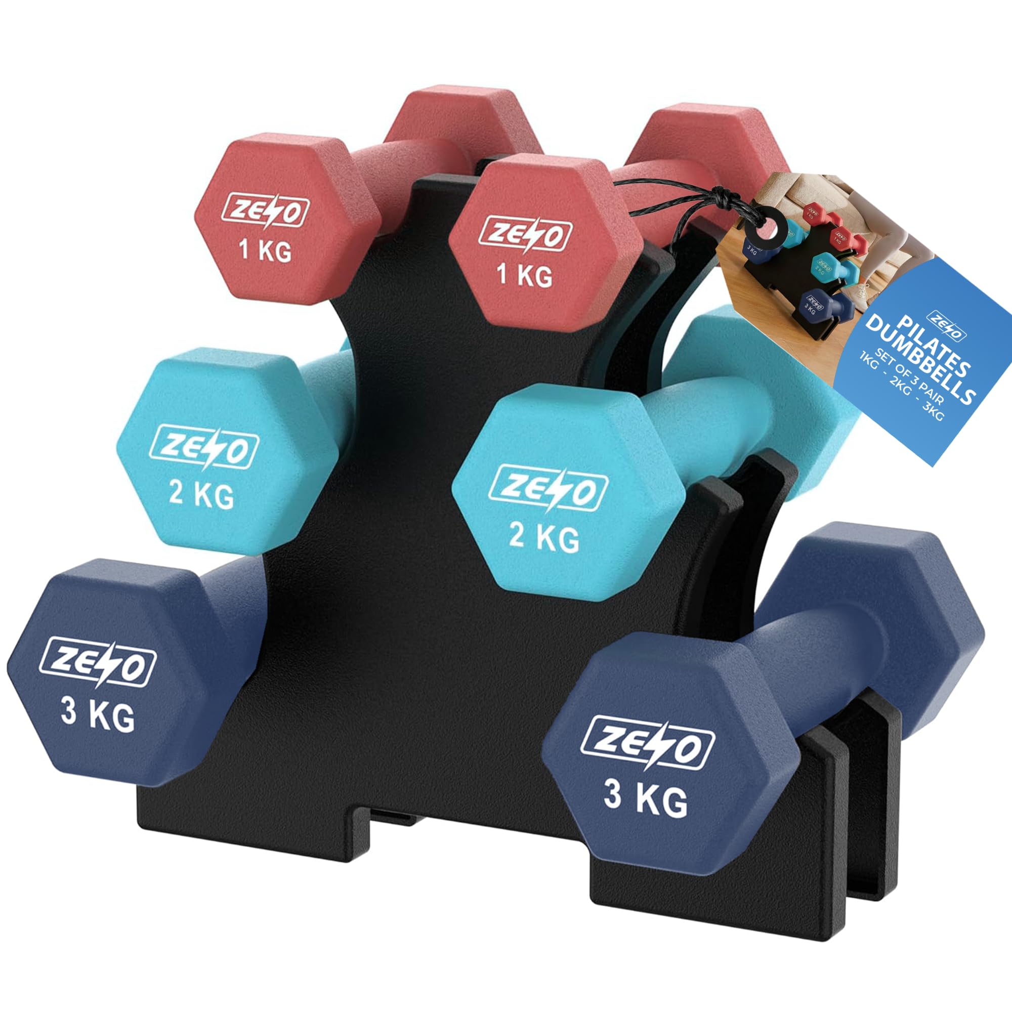 ZENO Dumbbells Set | Dumbbells Set Women | Sweat Resistant Weights for Women with Storage Stand | Vinyl Coated for Ultimate Grip | Weights for Pilates & Home Workouts | Includes 1KG, 2KG, 3KG | Ocean