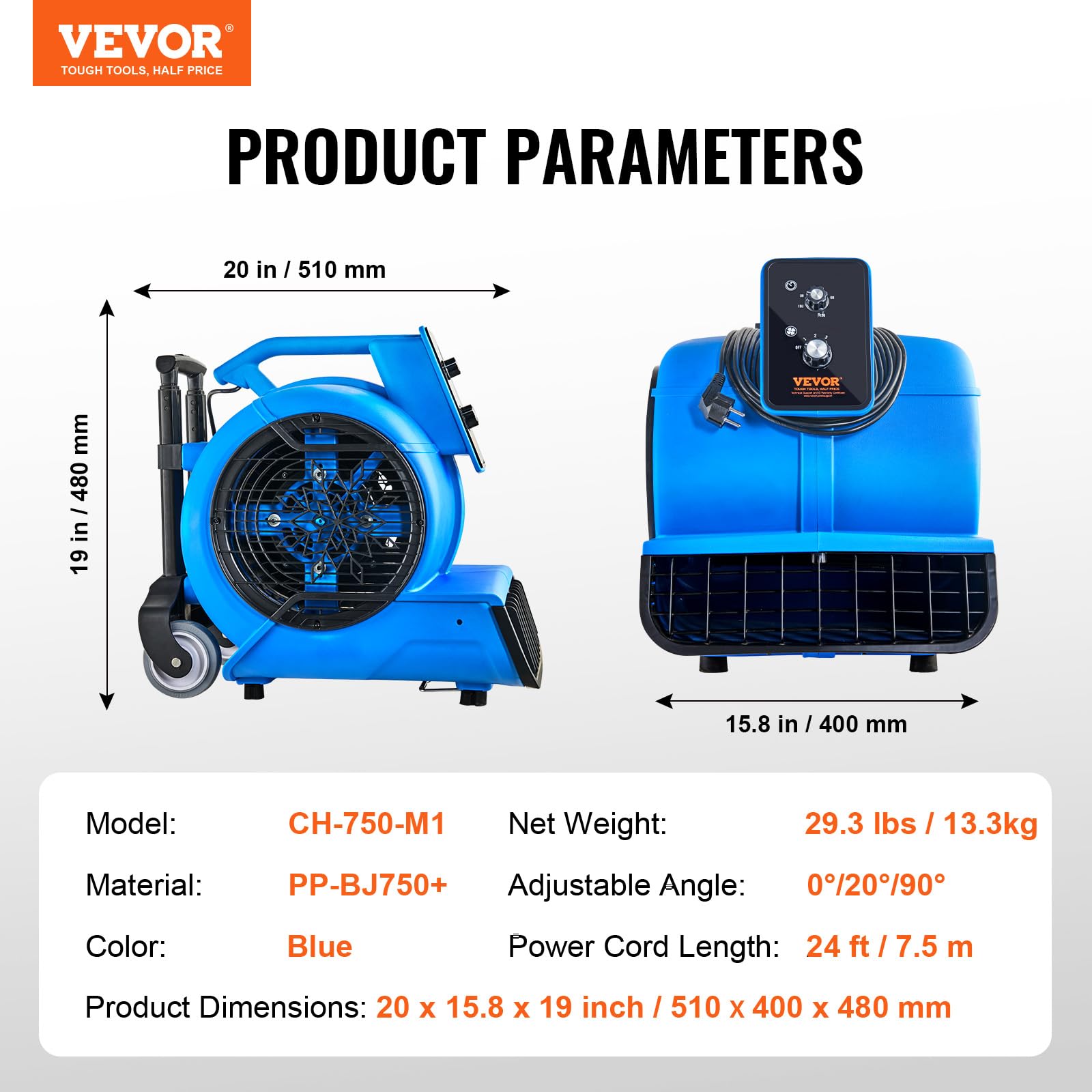 VEVOR Soffiatore da Pavimento 1400 Giri/min Ventilatore per Asciugatura Tappeti Portatile 113,26 m³/min con 3 Angoli di Soffio Temporizzatore 3 Impostazioni di Velocità per Domestico e Commerciale