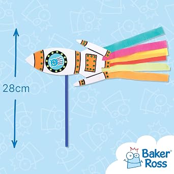 Baker Ross AX180 Rocket Wand Kits - Pack of 8, Card Templates, Streamers, Craft Wands, Assorted Designs
