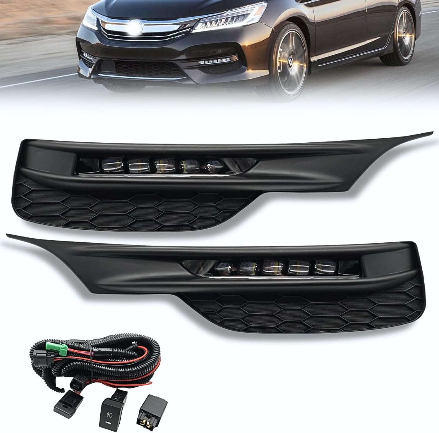 LED Fog Lights for 2016 2017 Honda Accord 4 Door Sedan Bumper Lamp OEM Style Assembly with Switch and Wiring Harness