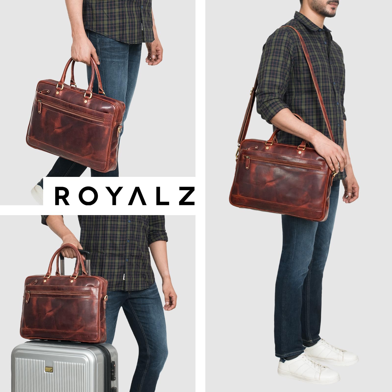 ROYALZ "Charleston” Cartella Ventiquattrore in vera pelle Uomo/Donna Grande - Borsa pc 15.6 pollici Piatta da utilizzare come borsa a mano o Borsa 24 Ore portadocumenti