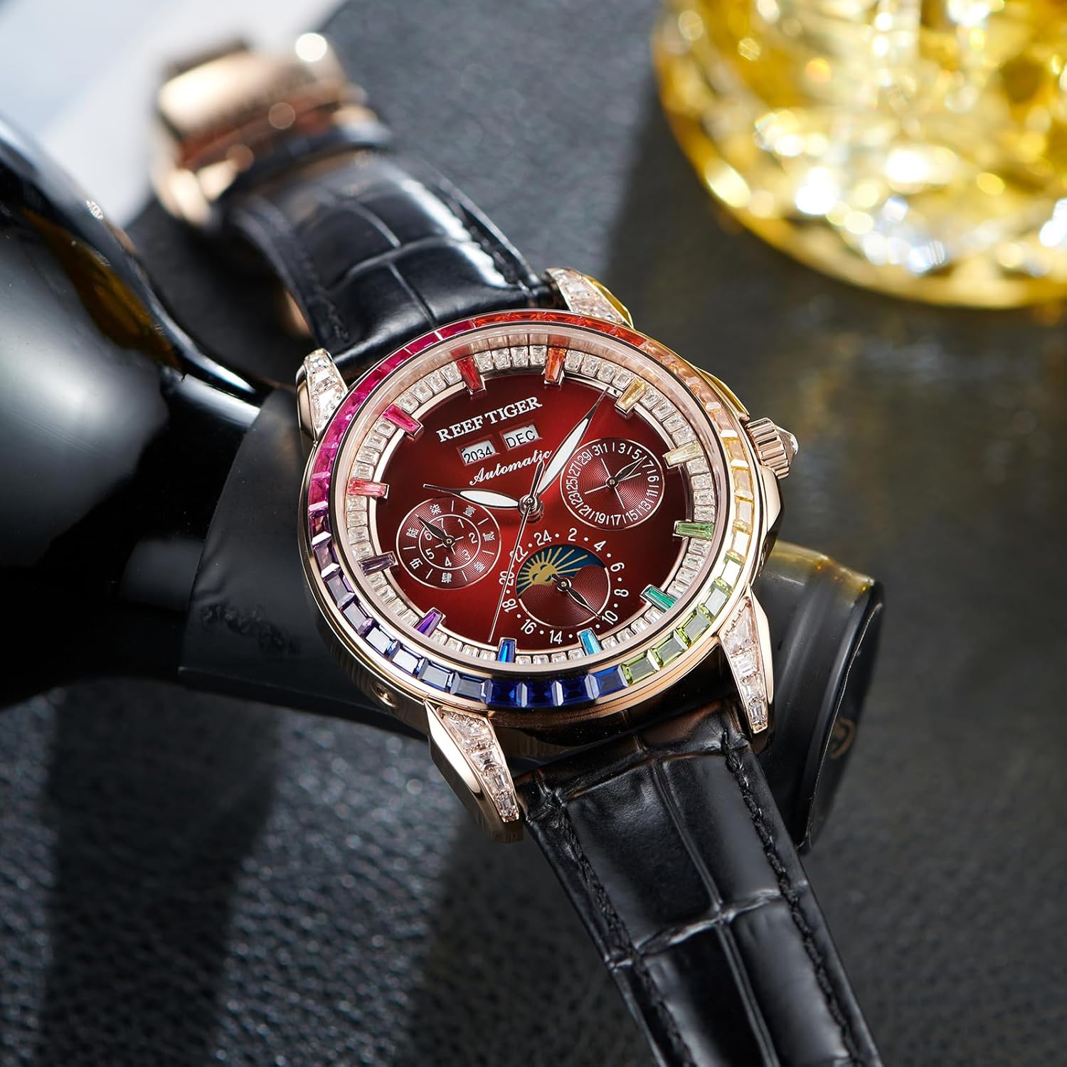 REEF TIGER Luxury Crystal Bezel Moonphase Complete Calendar Mechanical Automatic Watch for Men Luminous Leather Strap Classic Watch RGA1988