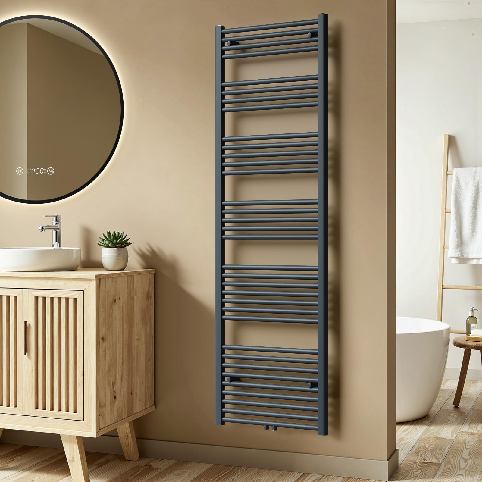 S'AFIELINA Radiador Toallero de Agua 1600x500 mm, 654 W, Antracita | Radiador para Baño de Tubo Redondo, Conexión Central o Lateral 50 mm, para Calefacción Central, Sin Válvulas