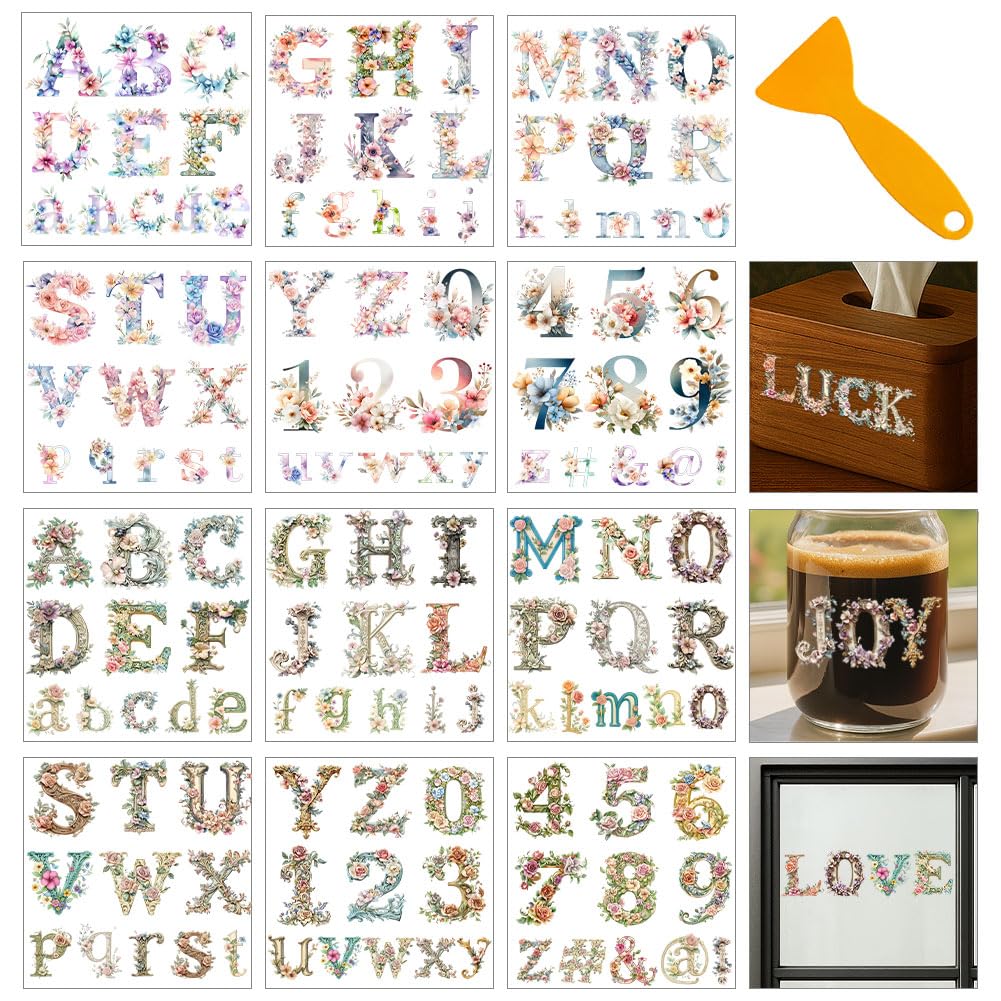GOMAKERER 12 Sheets Alphabets Rub on Transfers for Crafts and Furniture, 12 Styles Ornate Style Letters Rub on Transfer Stickers PVC Rub On Decals for DIY Home Window Craft Decor, 14x14cm