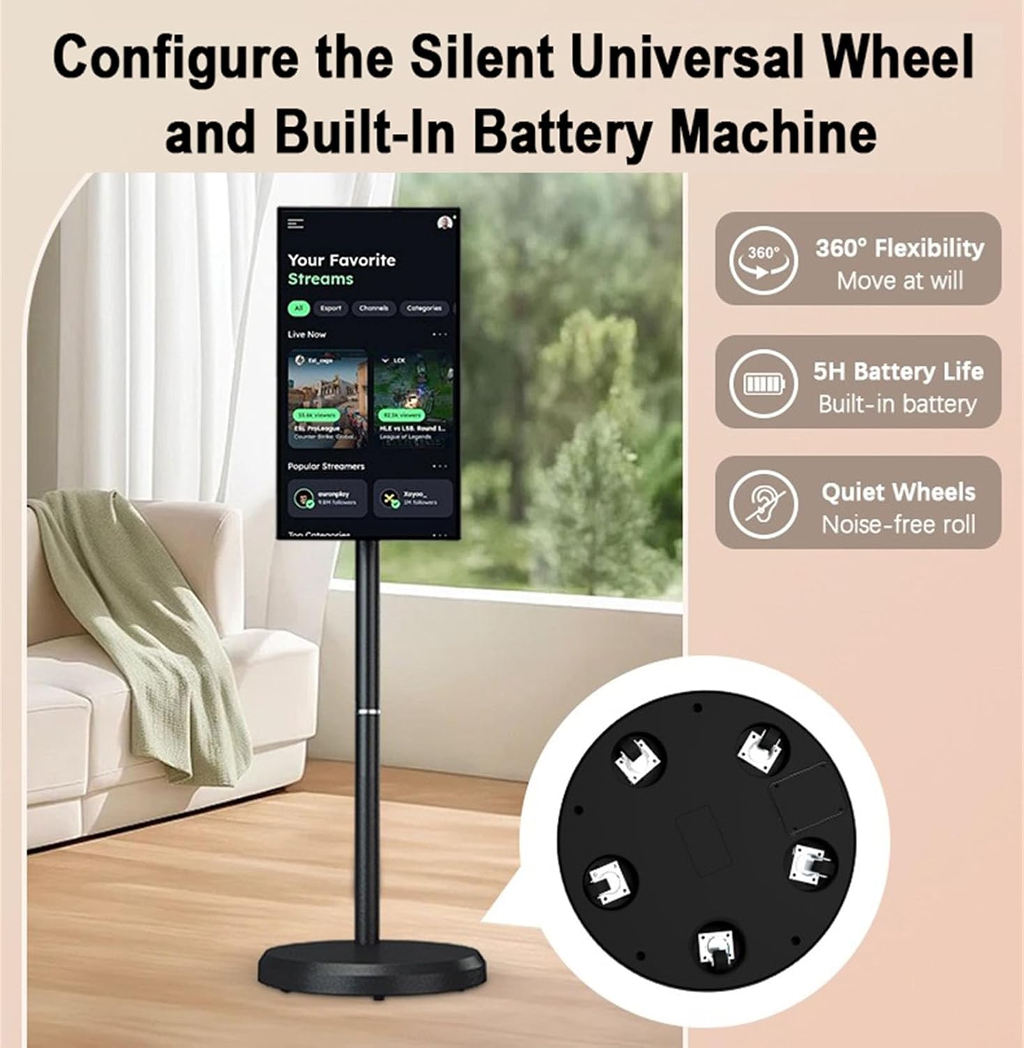 Portable Mobile TV with Rechargeable Battery, 21.5 Inch 1080P Portable Smart Monitor, Rotatable Touchscreen TV, Compact Travel TV, 6G RAM +128G Storage, Android 15 White