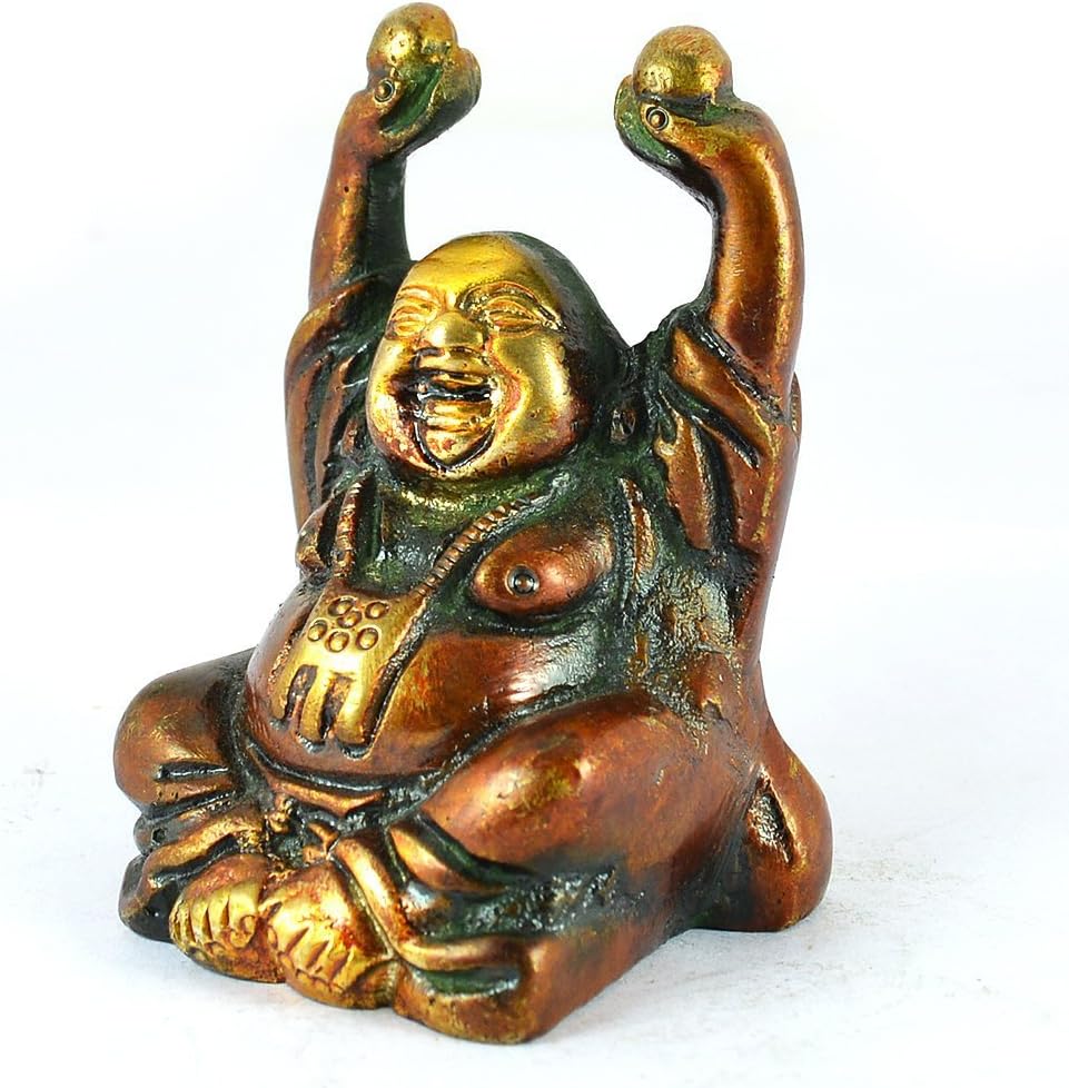 Purpledip Vintage Laughing Buddha Statue in Solid Brass Metal: Harbinger of Wisdom and Wealth - Use as Home Decor Showpiece for Feng-Shui, Golden Finish (10325)