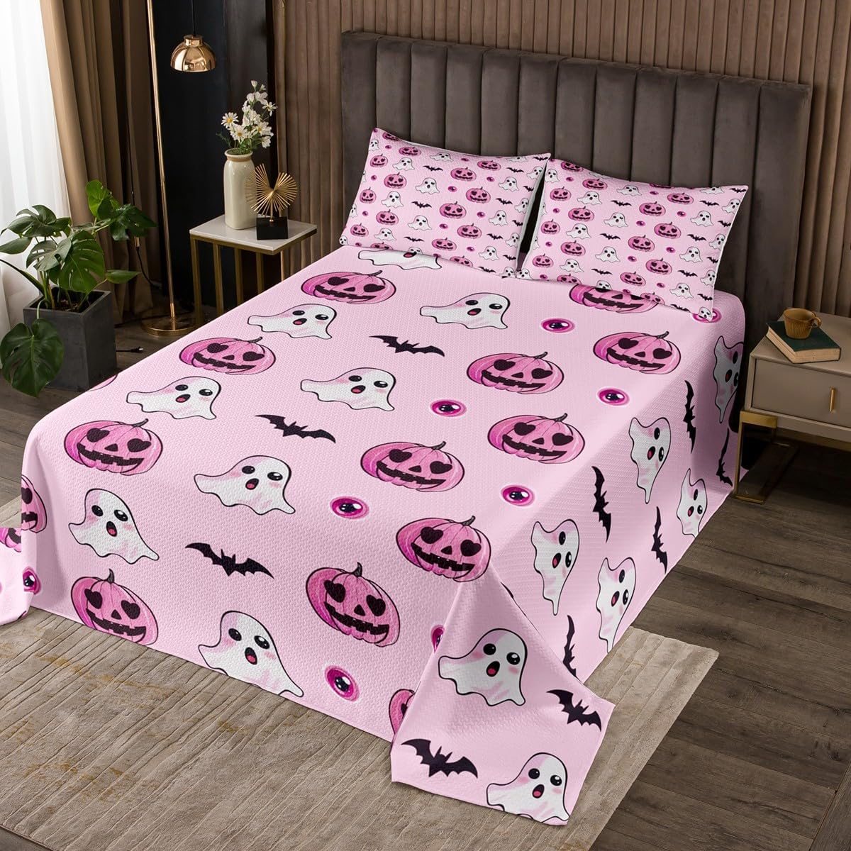 jejeloiu Happy Halloween Bedspread Cute Ghost Bedspread for Kids Boys Girls Pumpkin Lantern Coverlet Set Hippie Flower Quilted Bedroom Collection 2Pcs Twin Size