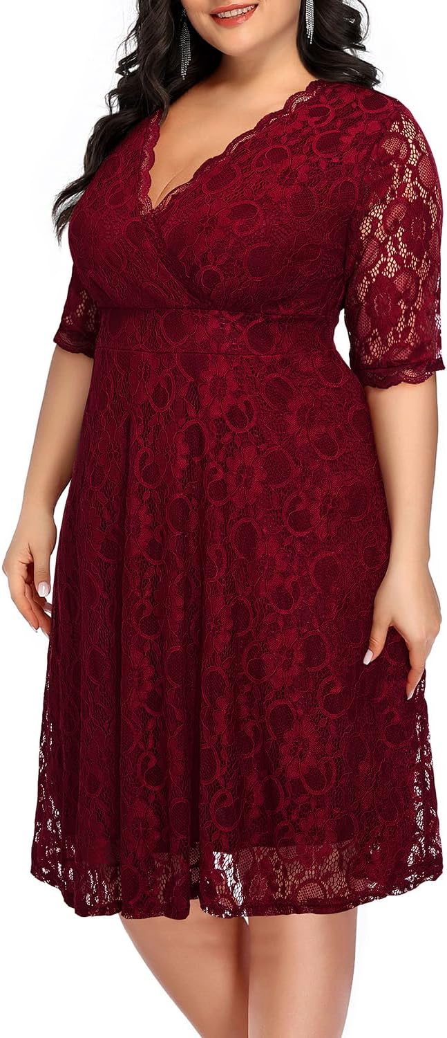 Women's Plus Size Wedding Guest Cocktail Party Semi Formal Lace Wrap V Neck Knee Length Dress - Image 3