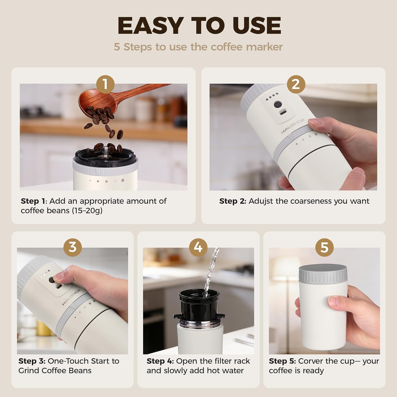 HAUSHOF Portable Coffee Maker, Camping Coffee Makers Travel Mini Coffee Maker, Portable Travel Coffee Maker with Grinder, Personal Cordless Travel Coffee Maker for Car, Camping, and Home