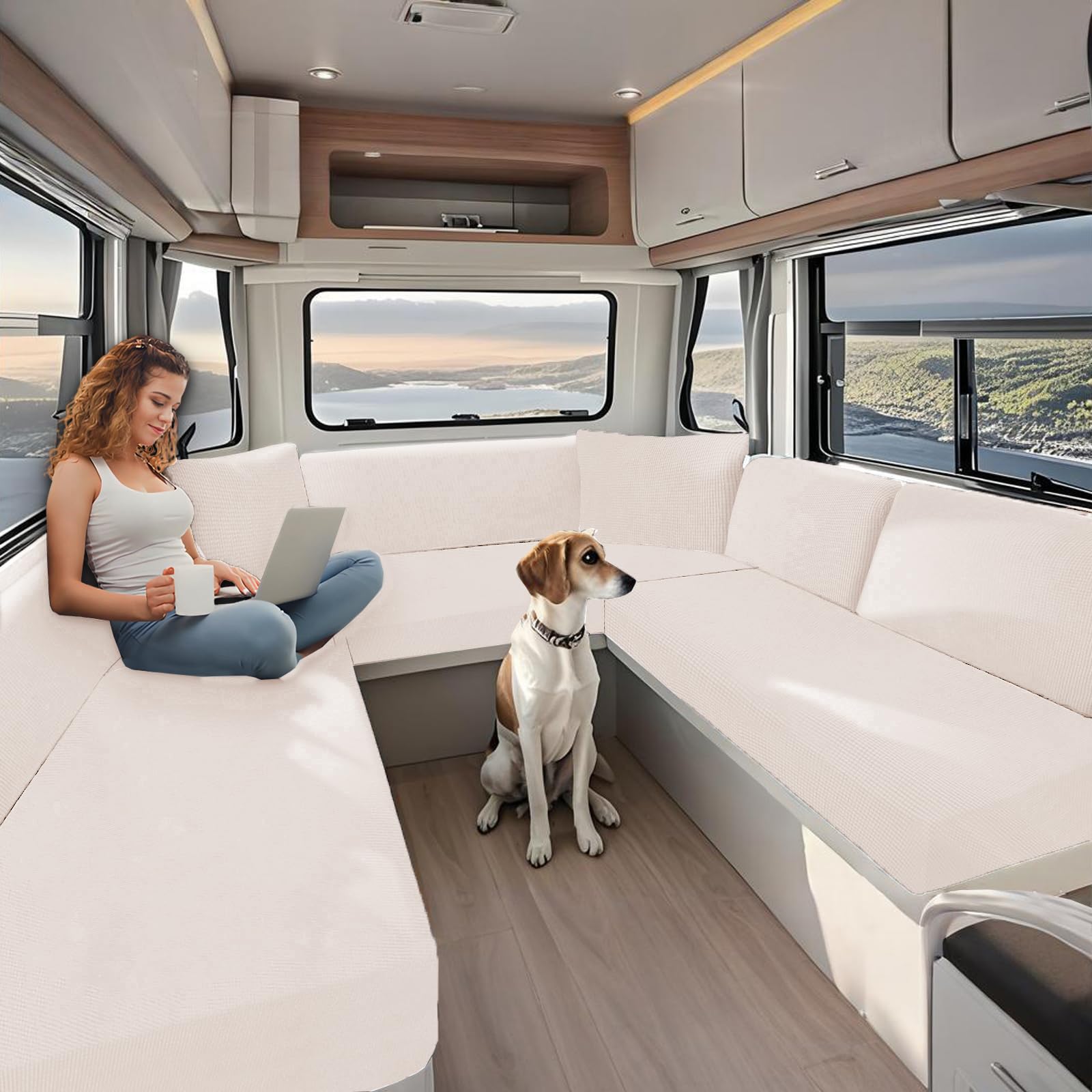 KYJSW High Stretch Caravan Couch Seat Cover Backrest Cover Double Non-Slip RV Dinette Cushion Covers With Elasticated And Tie-Down Straps (Ivory,W 100-130 cm, D 30-50 cm)