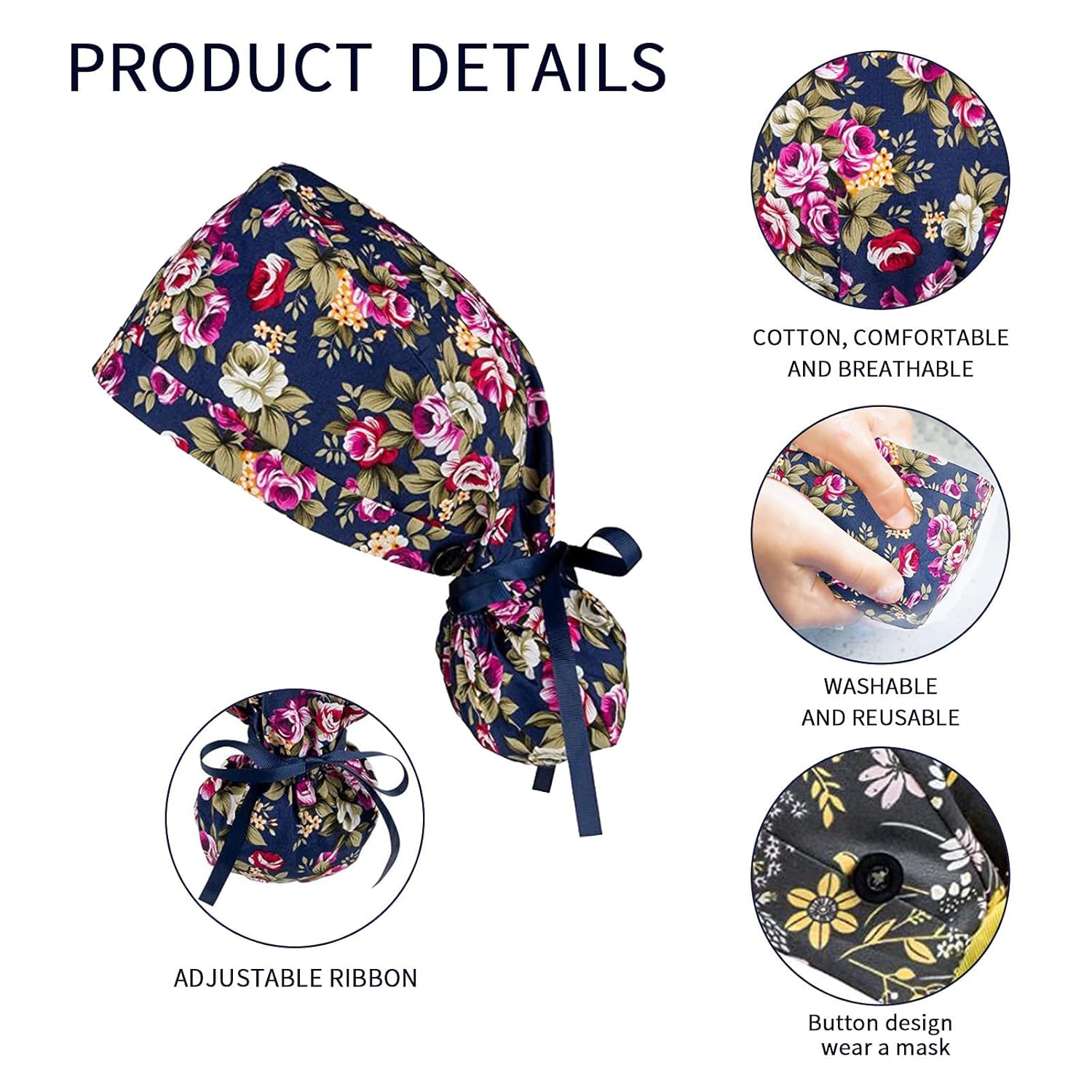 Scrub Caps Women with Buttons Nurse Hat Scrub Cap Ponytail Nursing Hats Long Hair Working Cap with Buttons and Ribbon Tie Halloween Chemo Hats Cancer Headwear Head Scarfs - Image 4