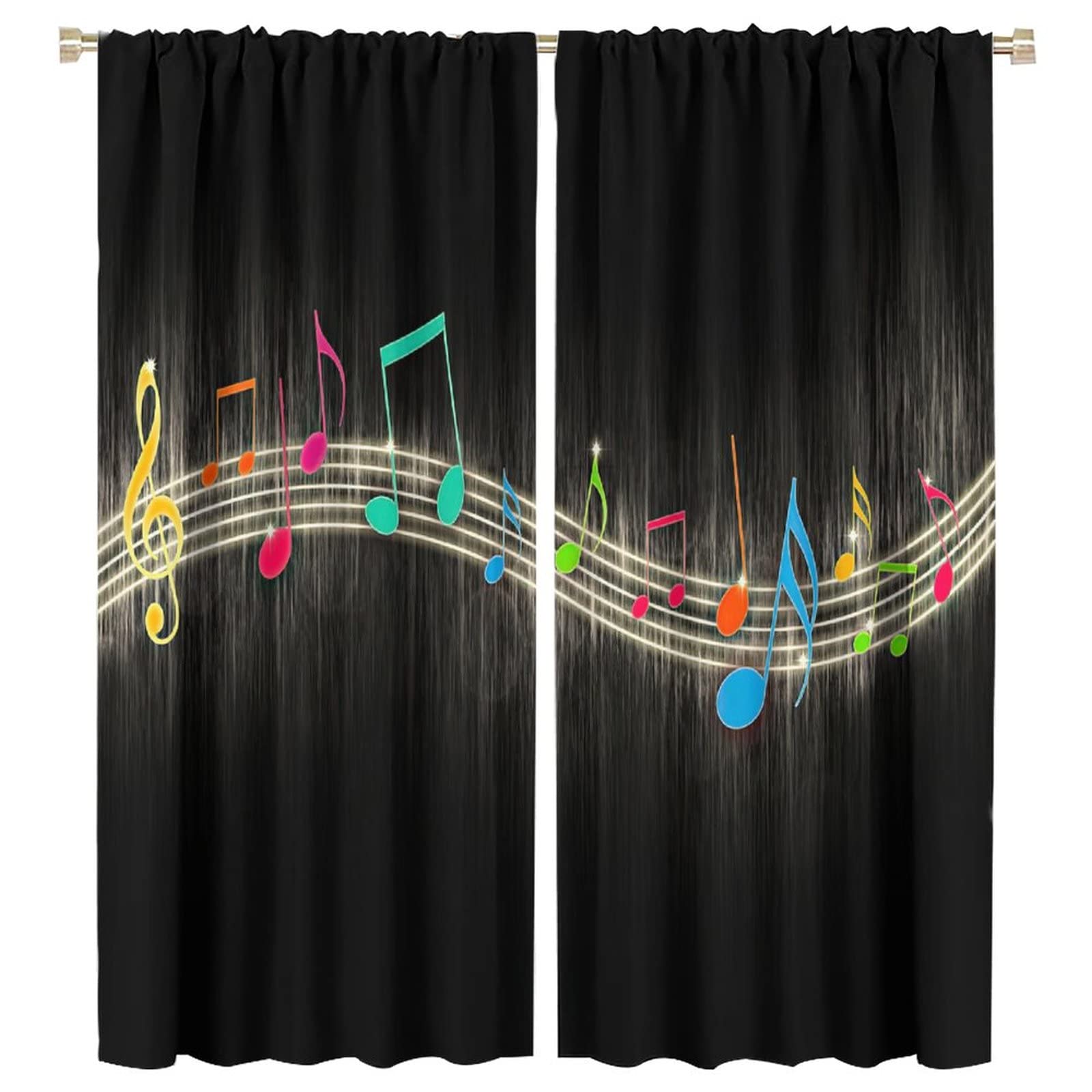 Music Window Curtain,Colorful Music Note Black Background Window Treatments Curtains for Teens Boys Bedroom Living Room Blackout Drapes W55xL63in