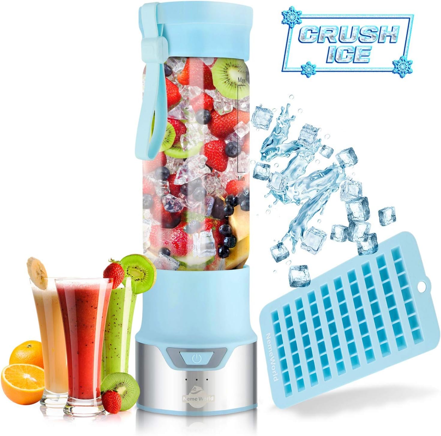 Portable Smoothie Blender for Shakes and Smoothies - Blend Ice Easy with Powerful 12V Jet Motor - Personal, Single Serve Bottle - Fruit Juicer with 6000 mAh USB Rechargeable Battery - 15.2 Ounce Blue