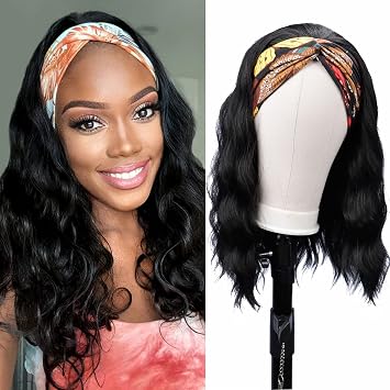 Colorful Queen Glueless Headband Wig Synthetic Long Black Body Wave Headband Wigs for Black Women Natural Looking Wavy Wig Heat Resistant 180% Density16inch, 1B#