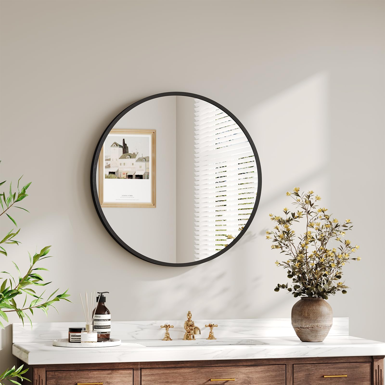 Dripex 40cm Round Mirror, Circle Hanging Wall Mirror - Home Decorative Wall Mounted Vanity Mirror for Bathroom, Dressing Room & Living Room, Black — image 1