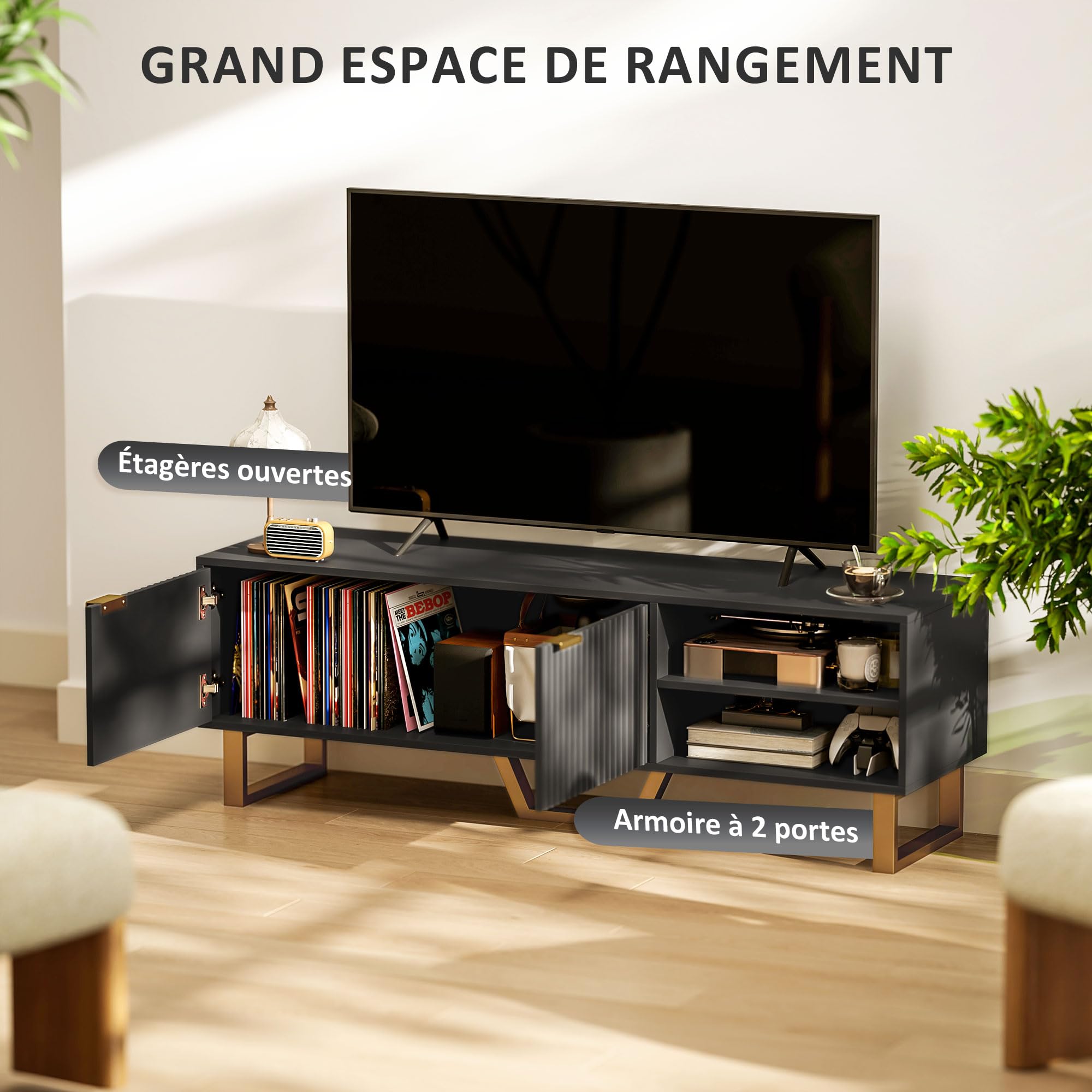 HOMCOM Meuble TV Bois Jusqu'à 70 Pouces 2 Portes 140 x 39 x 47 cm Noir