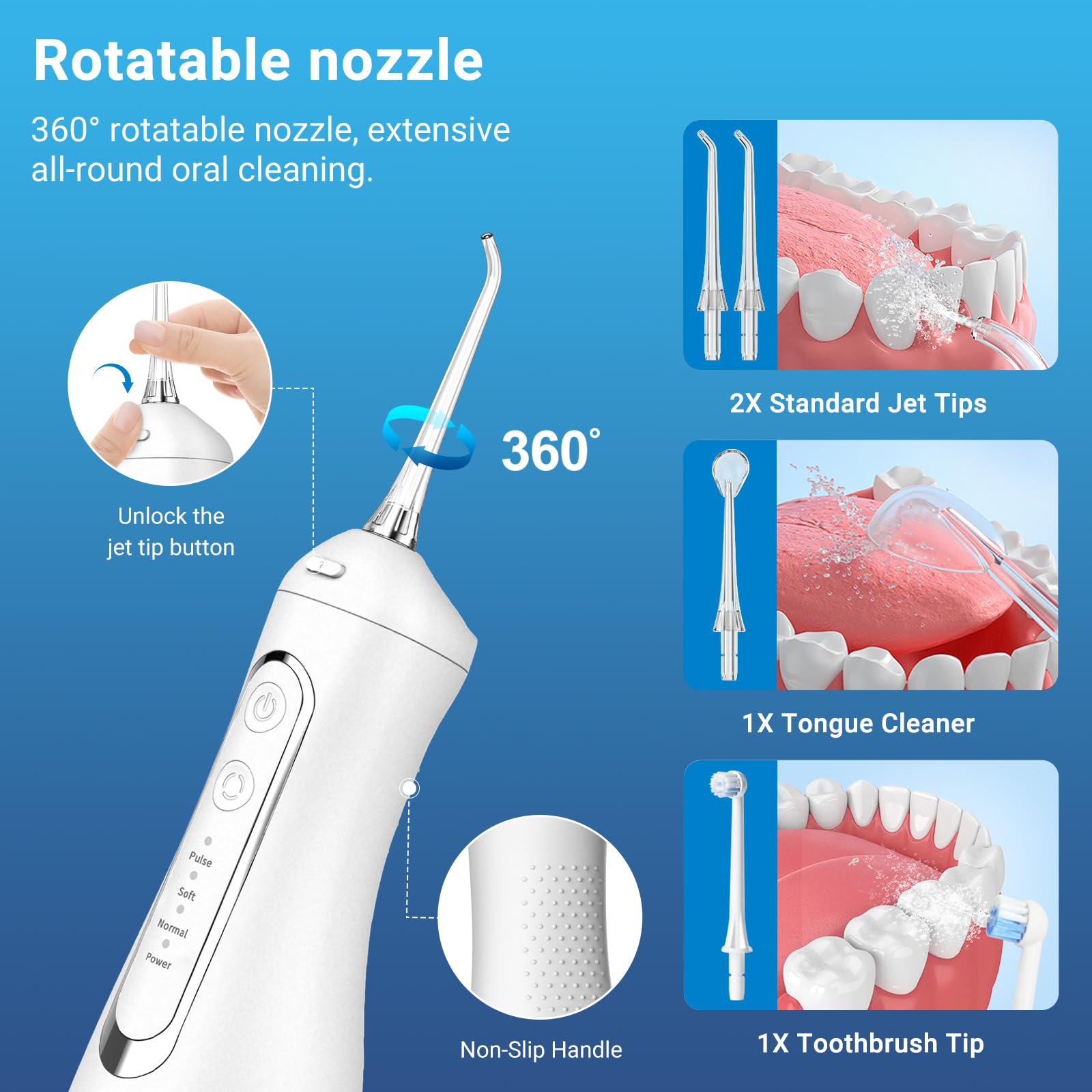JNGOODS JNGOODS - Irrigador bucal inalámbrico de agua, 300 ml, recargable para dientes, IPX7, impermeable, 4 modos, irrigador oral portátil con 4 puntas de chorro, uso doméstico de viaje (blanco)