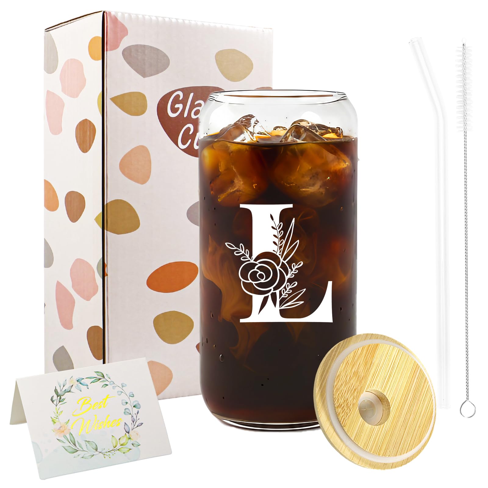 A-Z Initial Personalised Gifts for Women, Birthday Coffee Glass Cups Gifts Set, 16oz Iced Coffee Glass Cup with Lids and Straws, Iced Coffees Cup for Women, Mum, Teachers, Friends, Best Friend (L)