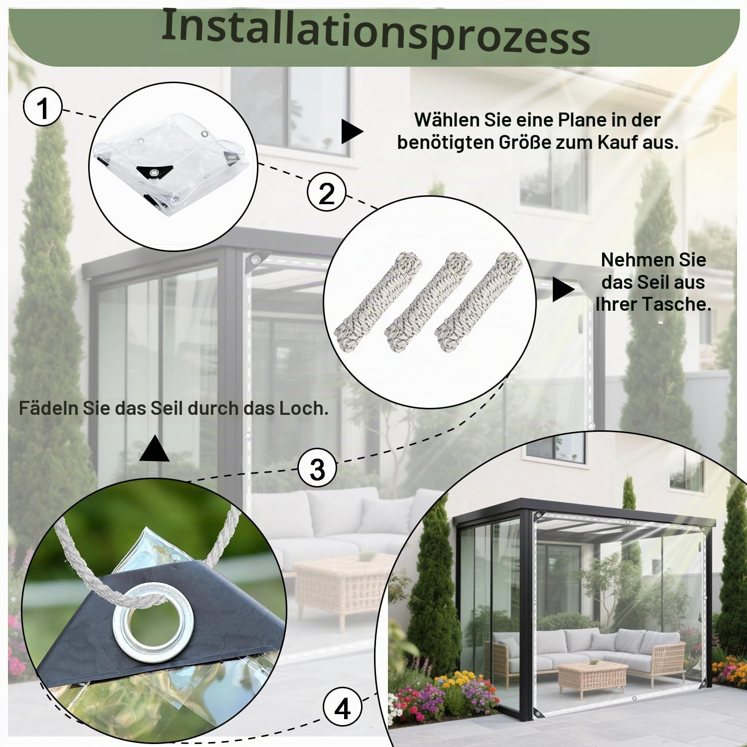 Plane Transparent mit Ösen 3x4m Reißfest Abdeckplane Wasserdicht, 420g/m² PVC Zeltplane, für Gartenmöbel Gewächshaus Dach Pflanzen Außenbereich Outdoor Zelt