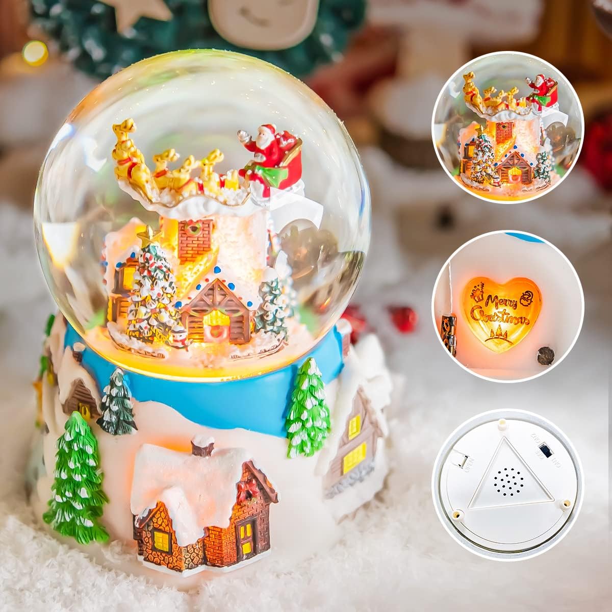 Christmas Music Box Snow Globe Gift, Musical Rotating Santa Claus Flying Over Village Glitter Xmas Present for Girls Women Girlfriend Daughter Son Granddaughter, Plays 14 Christmas Songs