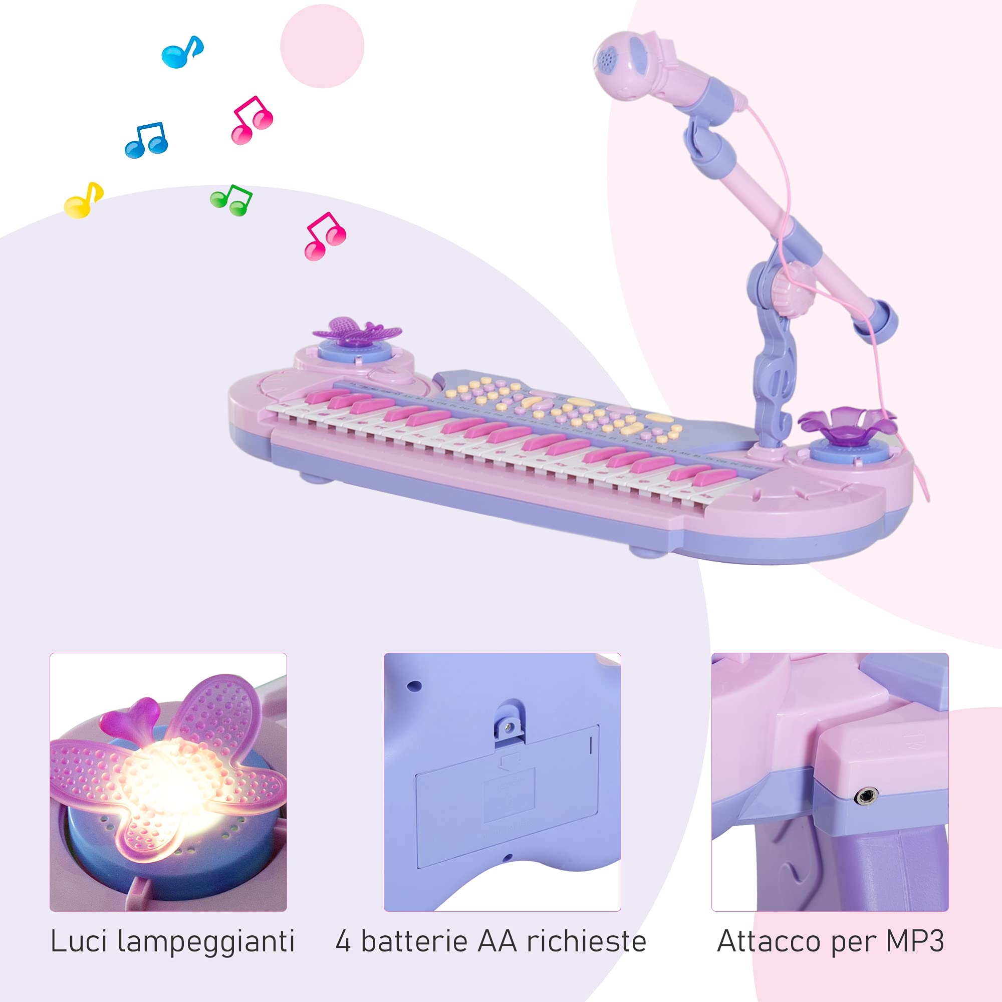 HOMCOM Pianola per Bambini a 37 tasti con Sgabello e Microfono, Rosa