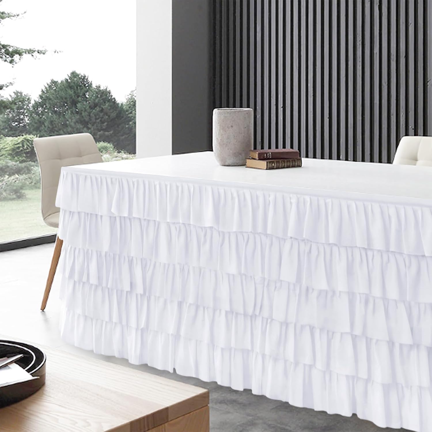 Pufogu White Tulle Table Skirt 14ft Tutu Ruffled Chiffon Tablecloth For Rectangle Wedding Baby Shower Girls Birthday Party and Cake Dessert Table Decorations(BrightRainbow, L14(ft), H30in)