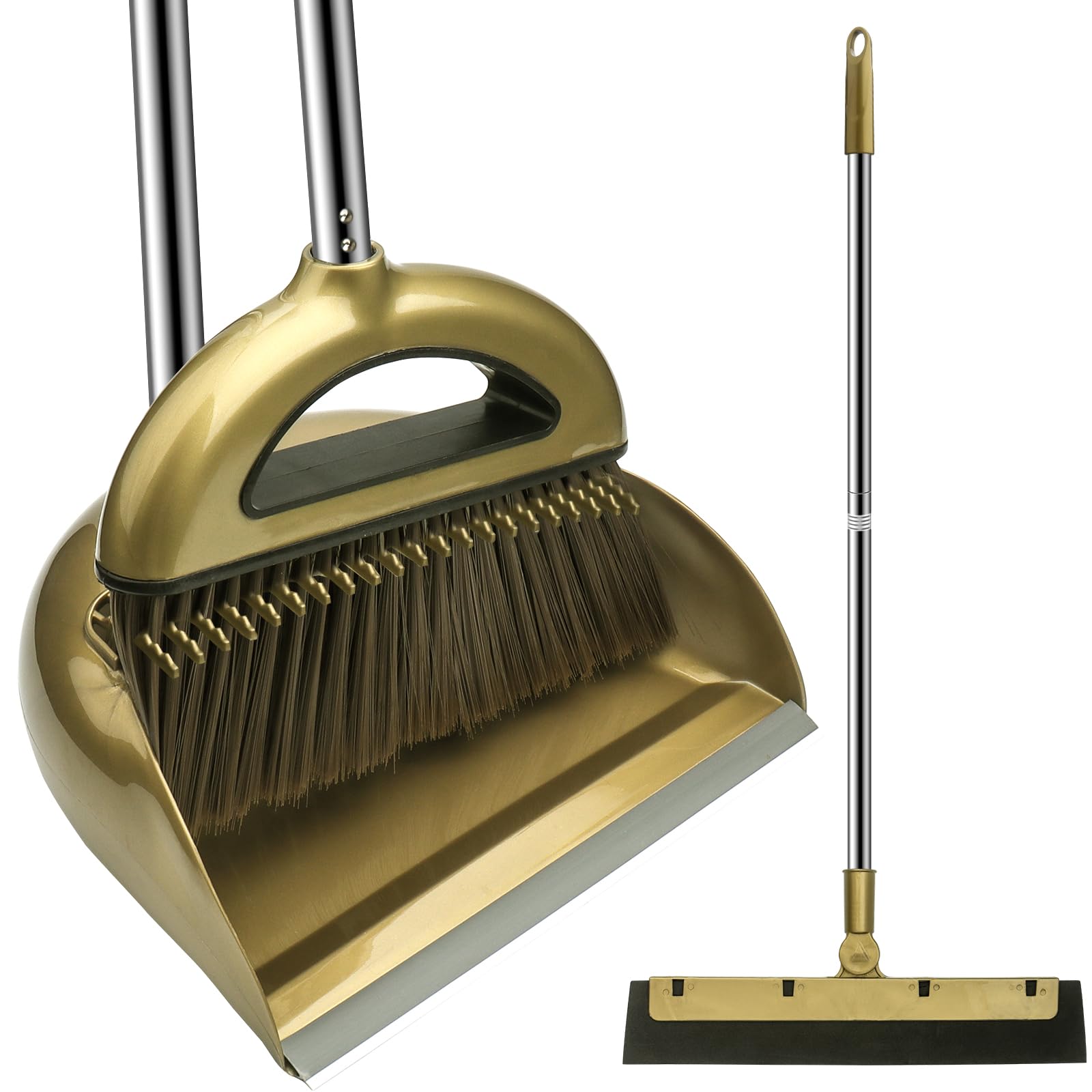 Roellgs Gold Broom Dustpan Wiper Three-Piece Set With Comb Windproof Vertical Long Handle Broom Kit Dustpan Combination Household Cleaning Sweeping