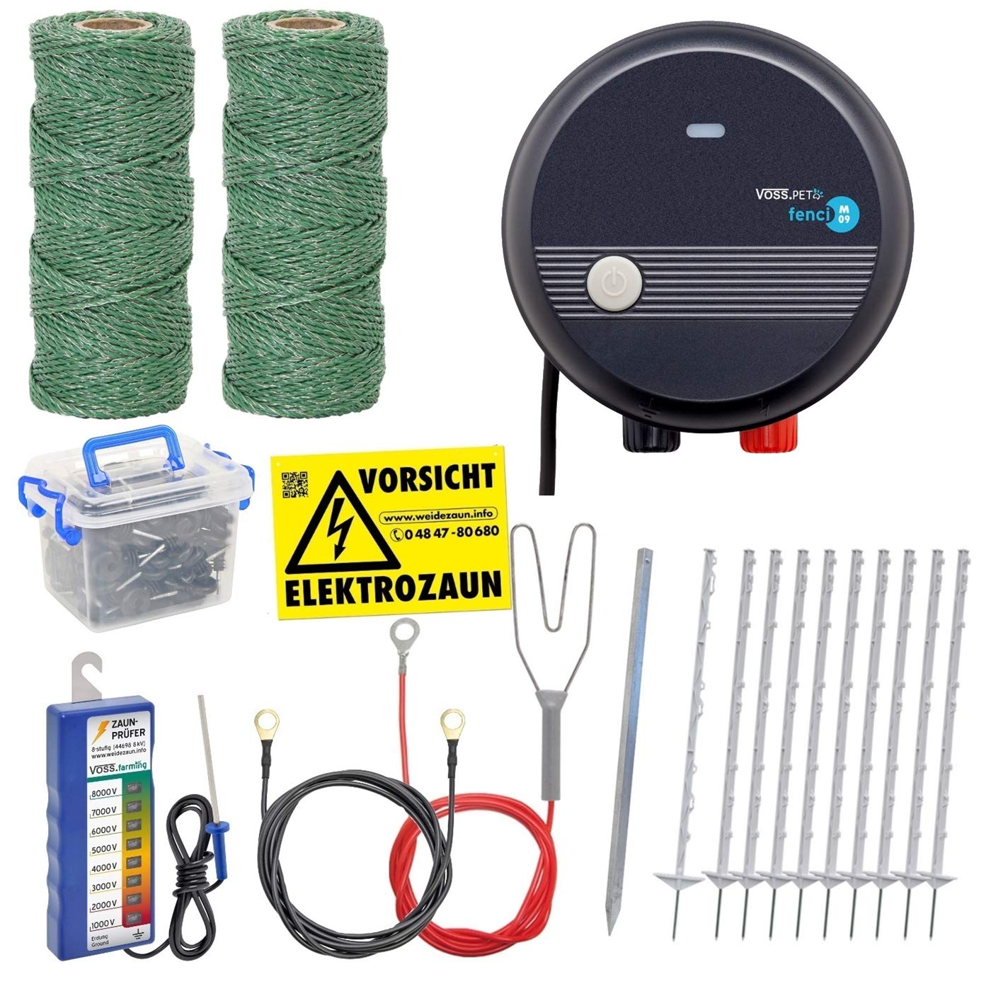 Hundezaun Komplettset 200m Elektrozaun, ideal für Einzäunungen in Ihrem Garten, mit umfangreichem Zubehör, anschlussfertig mit 600m grüner Weidezaunlitze und Zaunprüfer, 40 weiße Pfähle 105cm