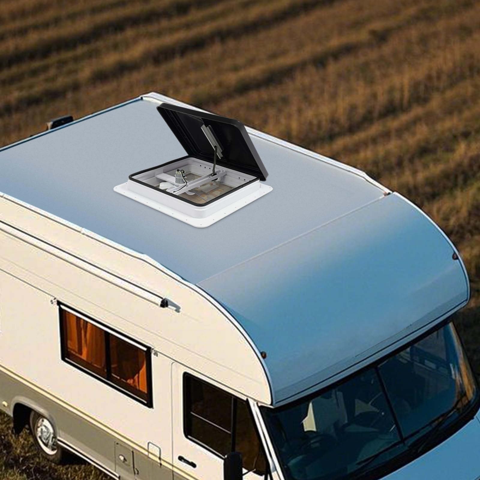 Ventana de techo de 42 x 42 cm para autocaravana, universal para apertura de 35 x 35 cm, con mosquitera y sistema de ventilación (impermeable IP65, negro/blanco)