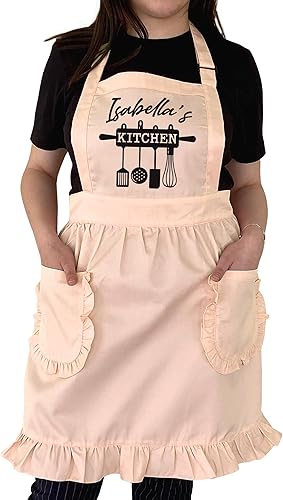 TEEAMORE Delantal con volantes personalizados para cocina, cocción, parrilla, limpieza, disfraz de criada, delantal retro con bolsillos